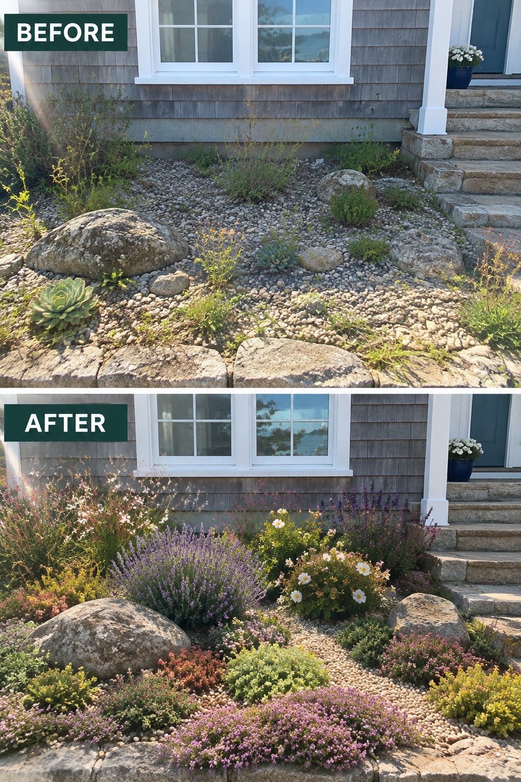 Before-and-after garden bed transformed from sparse gravel to lush colorful flowers and rocks