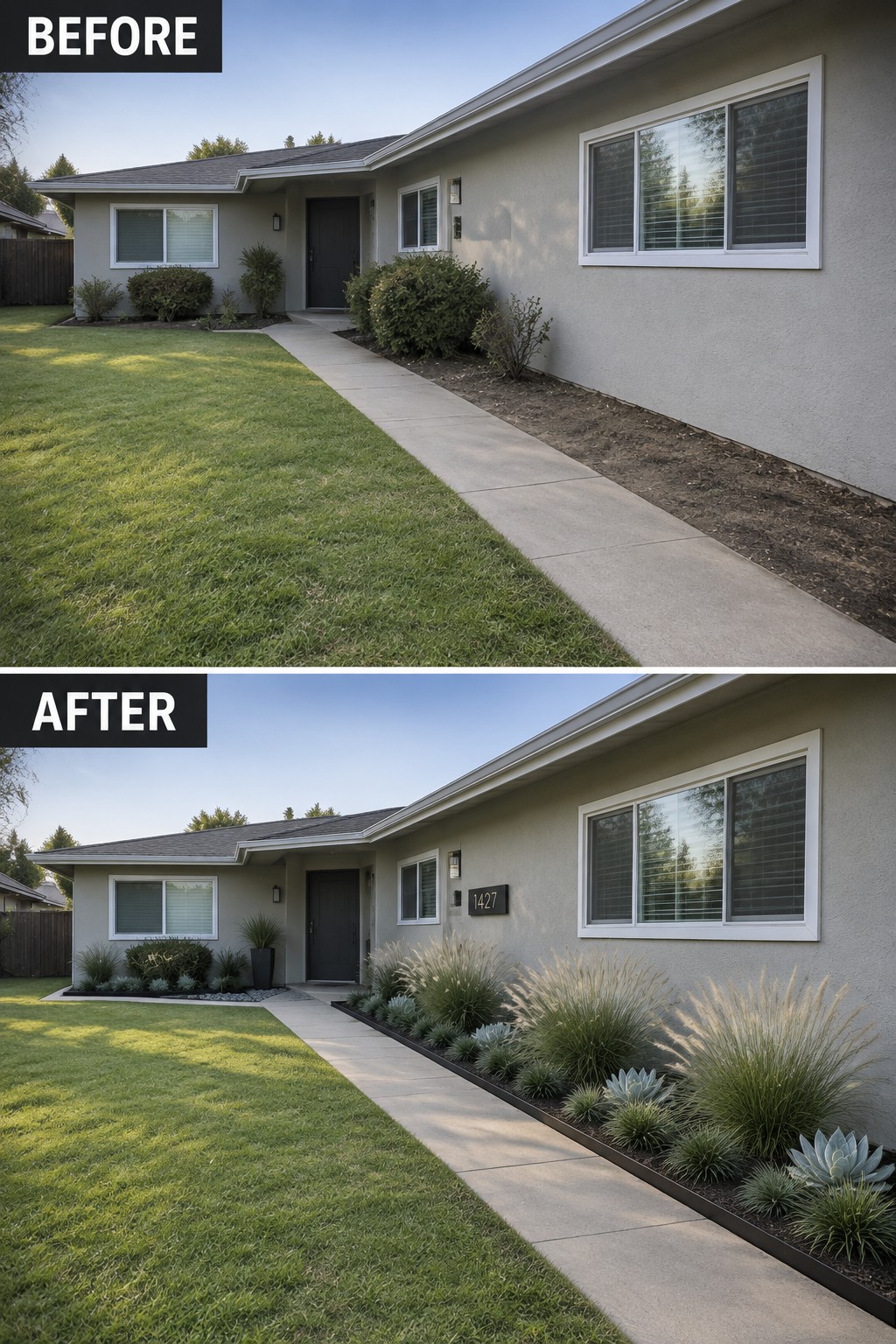 Before and after of a house front yard with new drought-tolerant landscaping and plants