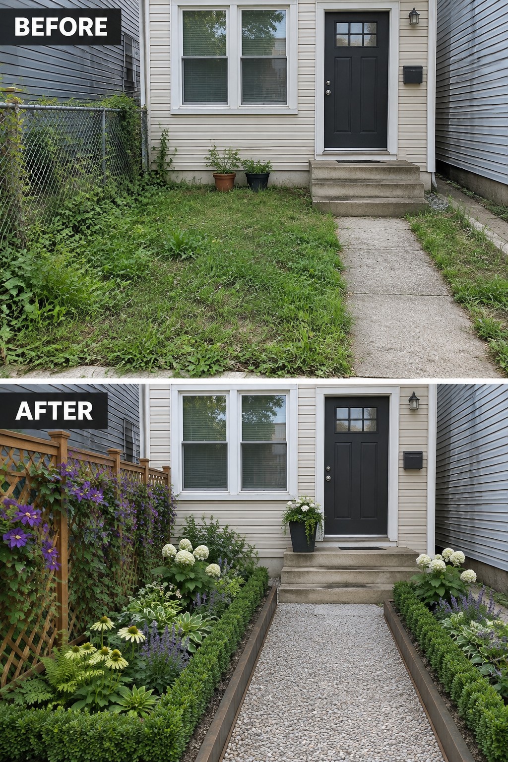 Before-and-after image of an overgrown front yard changed into a landscaped entry with edged garden beds, gravel path, and structured planting.
