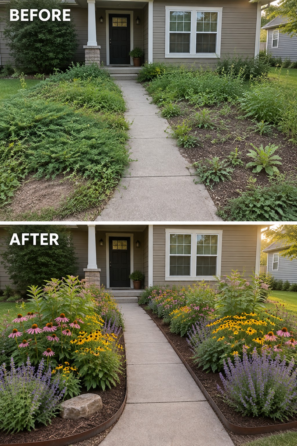 Before and after of overgrown weeds transformed into colorful flower beds along walkway