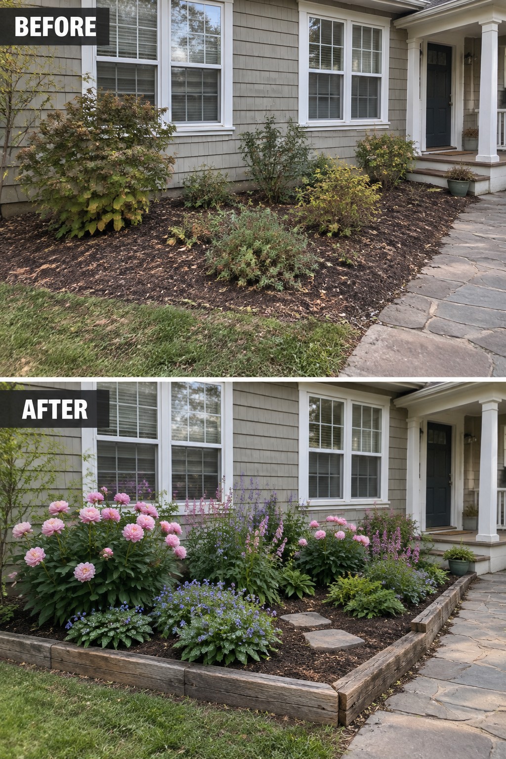 Before and after house garden makeover with pink peonies and wooden border