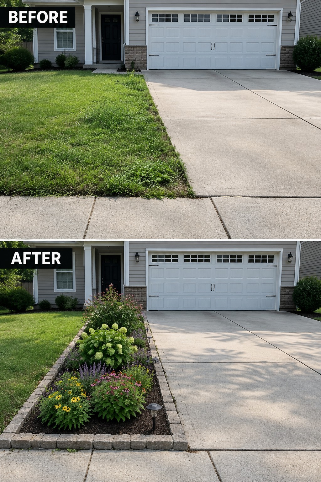 Before and after view of driveway side yard transformed into colorful flower garden bed.