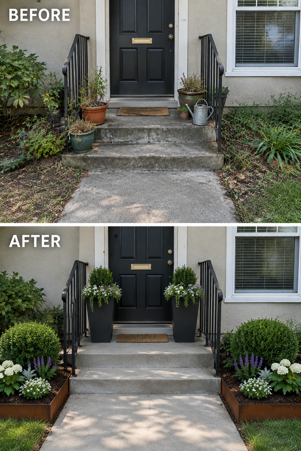 Before-and-after image of a front entry showing scattered potted plants changed into symmetrical garden beds with metal edging and structured plantings.