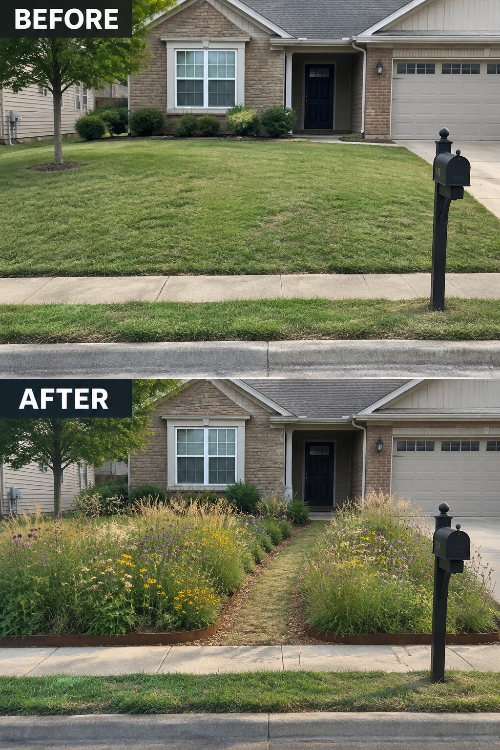 Before-and-after image of a front yard where a plain lawn was replaced with defined flower beds edged in metal and planted with colorful perennials.
