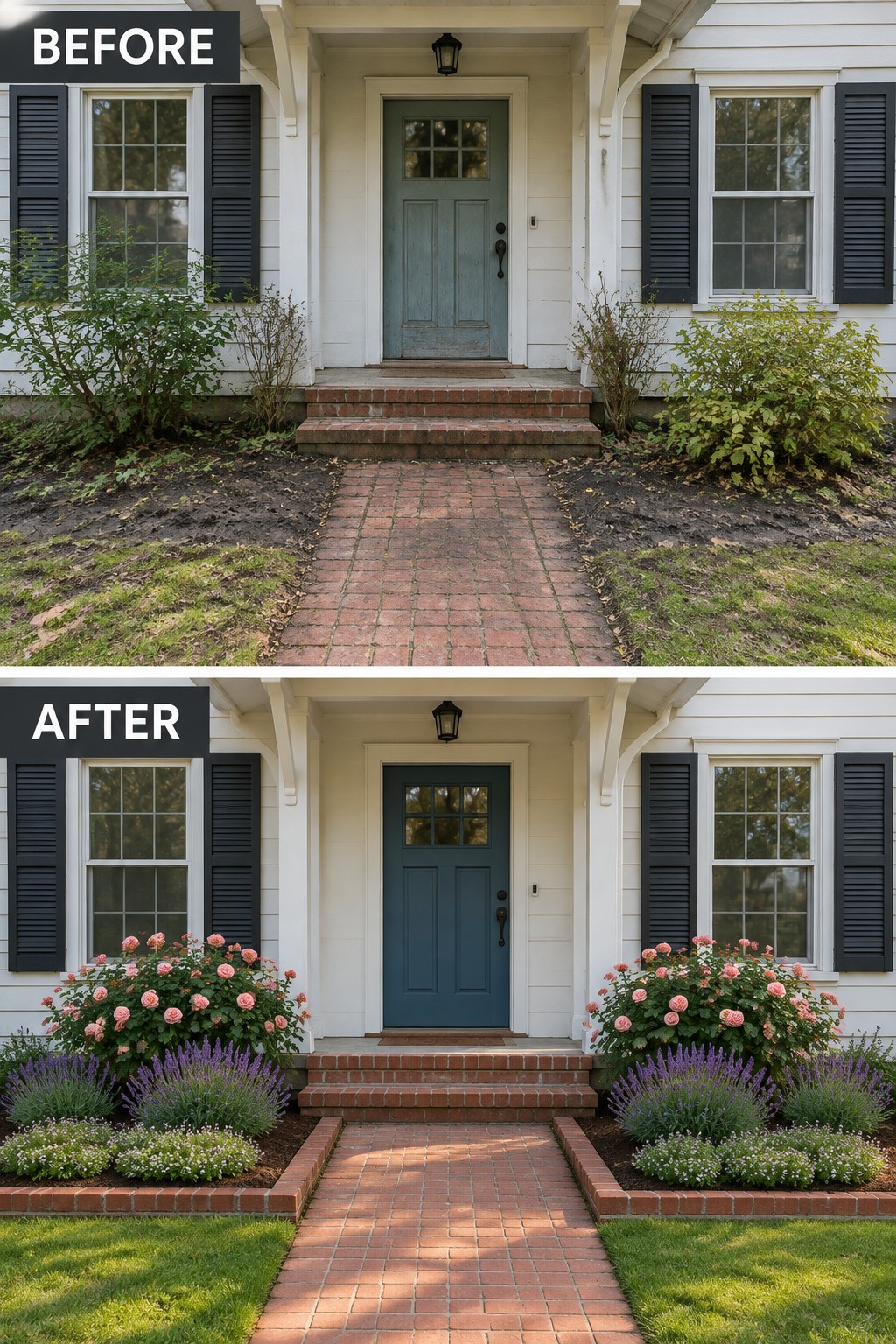 Before and after views of house entrance with renovated garden and blue door.