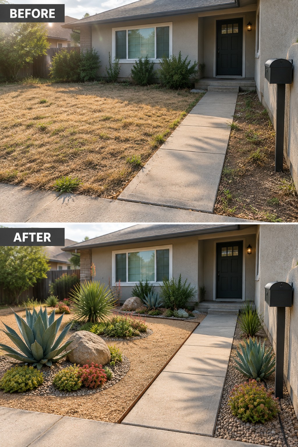 Before-and-after front yard: dry brown lawn transformed into succulent rock garden with walkway.
