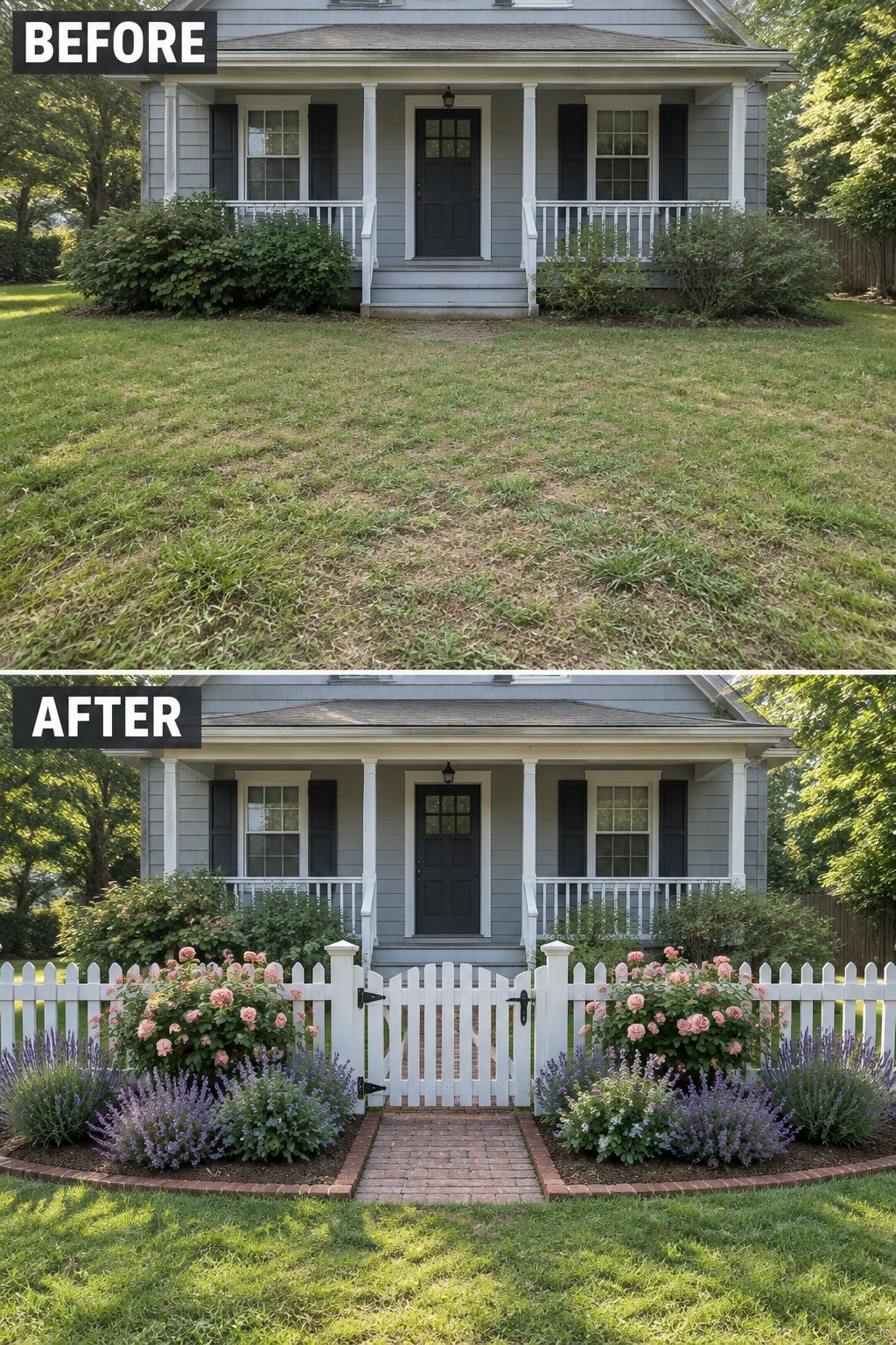 Before-and-after image of a front yard with an open lawn changed into defined flower beds, a white picket fence, and a brick path leading to the door.
