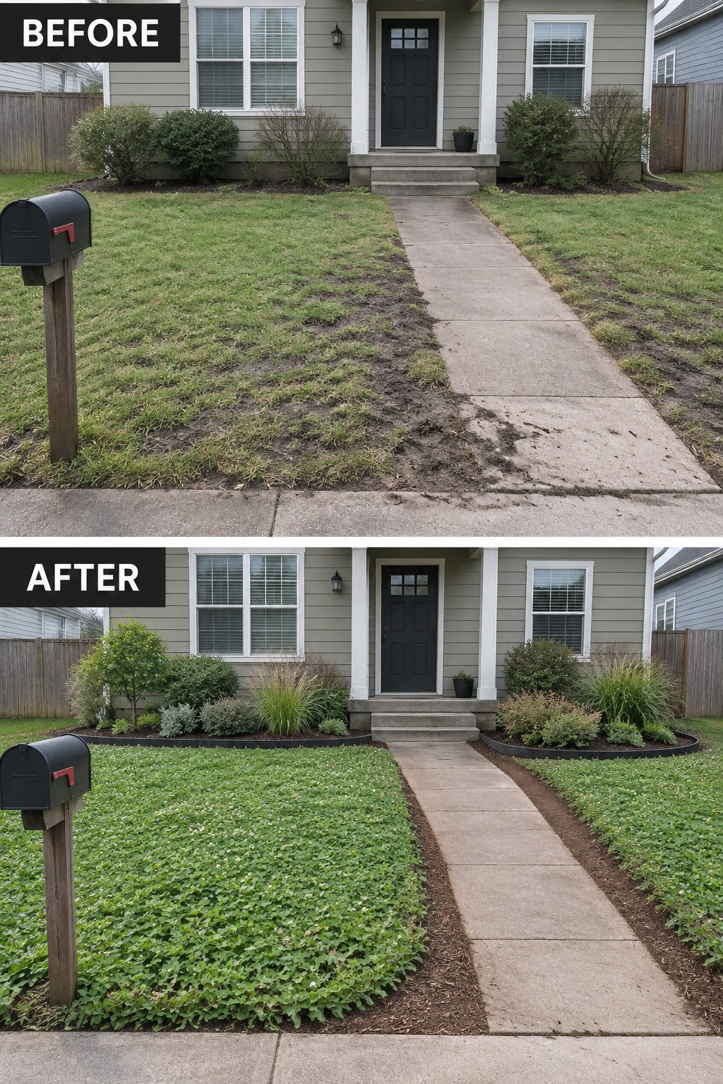 Before-and-after view of a house front yard, from patchy lawn to lush green landscaping.