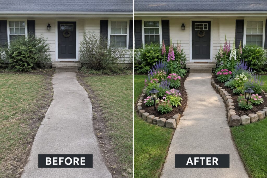 22 Charming Front Yard Garden Makeover Ideas Featuring Defined Entry Beds Before and after of house entrance with new colorful flower beds and lanterns.