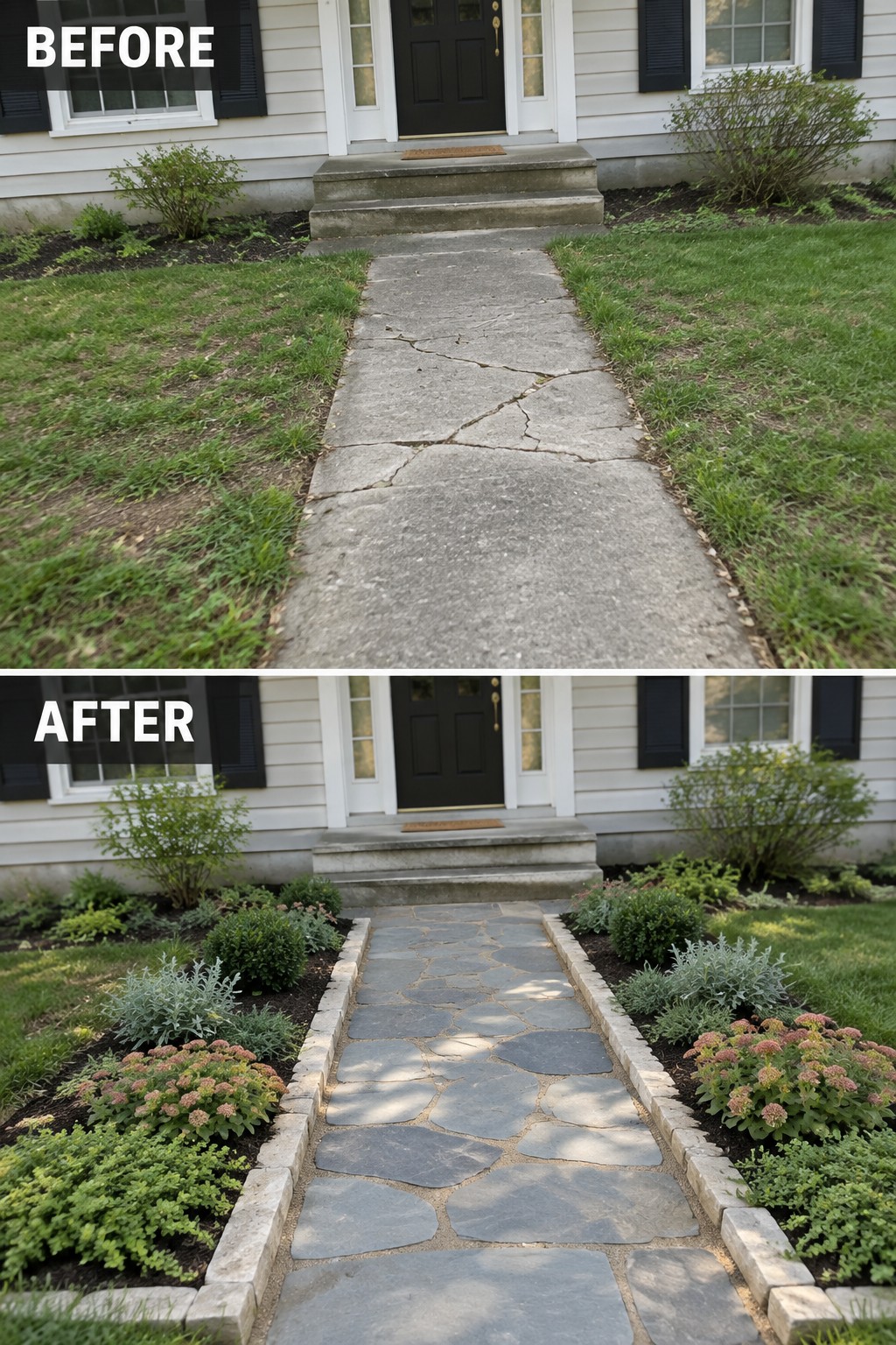 Before cracked concrete path and after stone walkway with landscaped gardens.