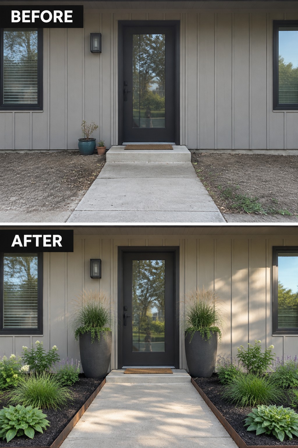 Before-and-after image of a house front entry where bare dirt along the walkway was turned into planted garden beds with edging and large planters.