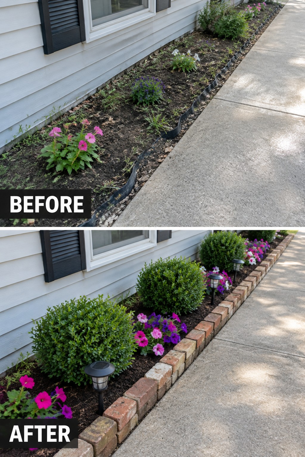 Before-and-after garden bed makeover with brick edging, bushes and solar lights.