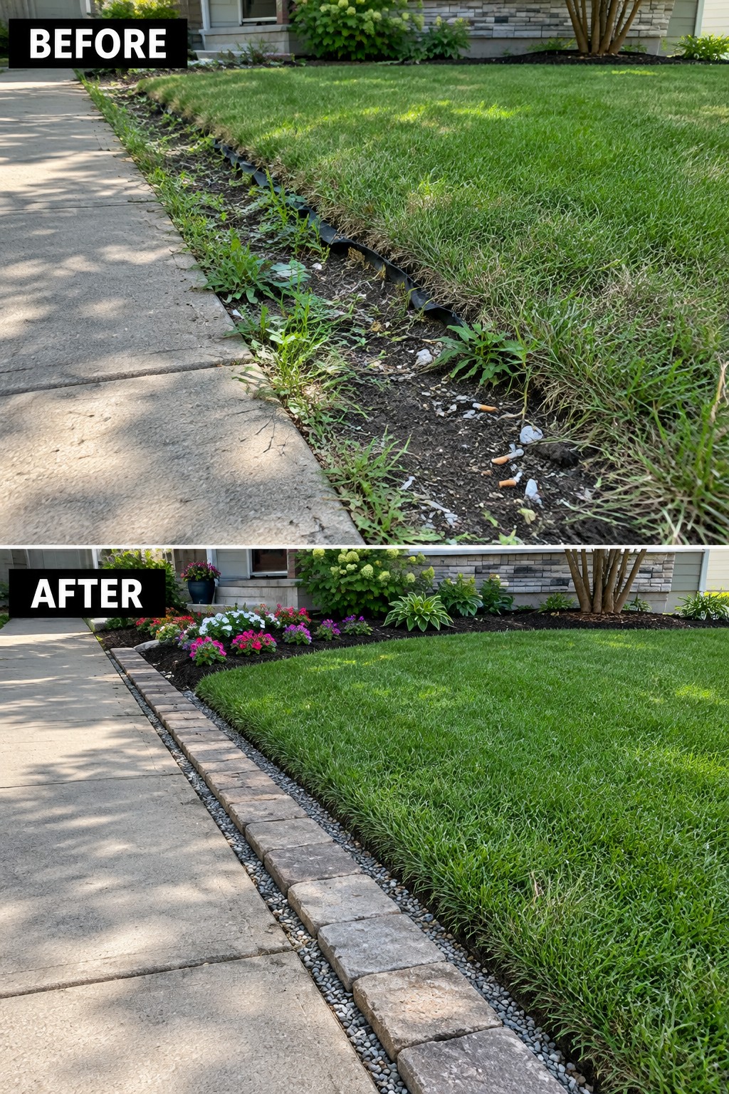 Before and after of weedy lawn edge transformed into colorful flower bed with brick border.