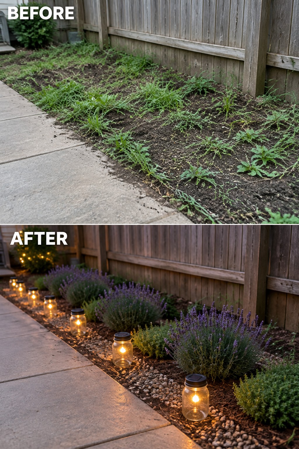 Before-and-after garden bed with weeds transformed into lavender and glowing jar lights.
