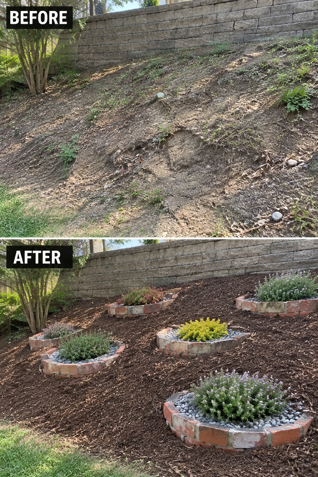 Before-and-after image of a bare eroded slope transformed with circular brick-bordered garden beds and mulch.