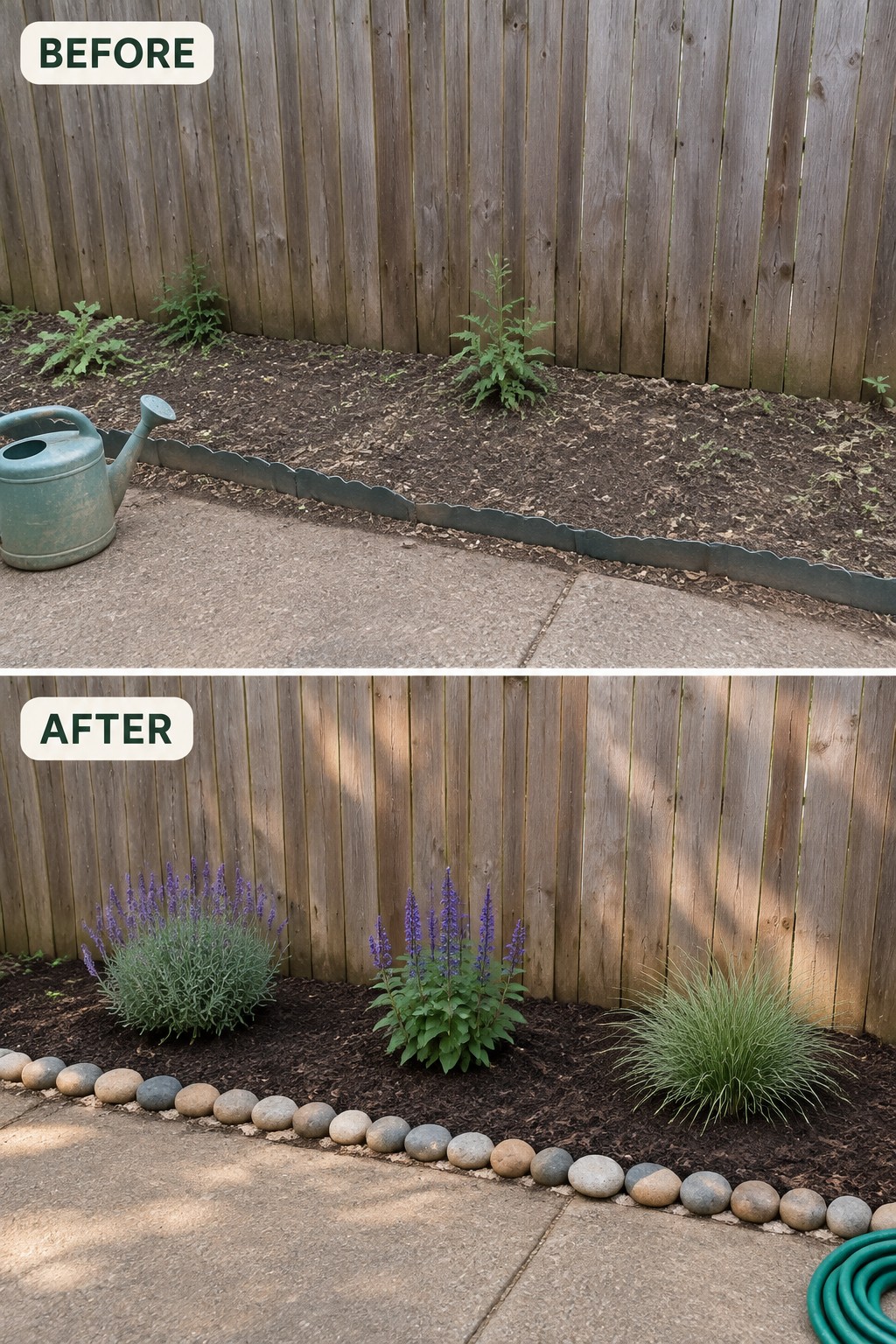 Before-and-after image of a bare garden bed along a wooden fence updated with a river rock border, mulch, and grouped flowering plants.