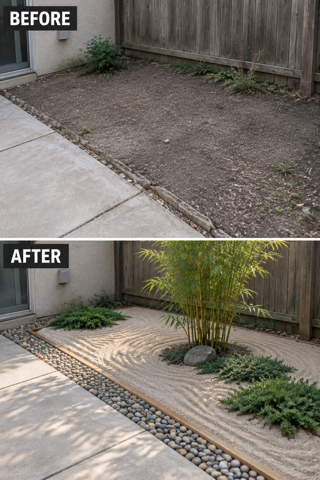 Before and after of dirt yard converted to zen garden with raked sand and bamboo