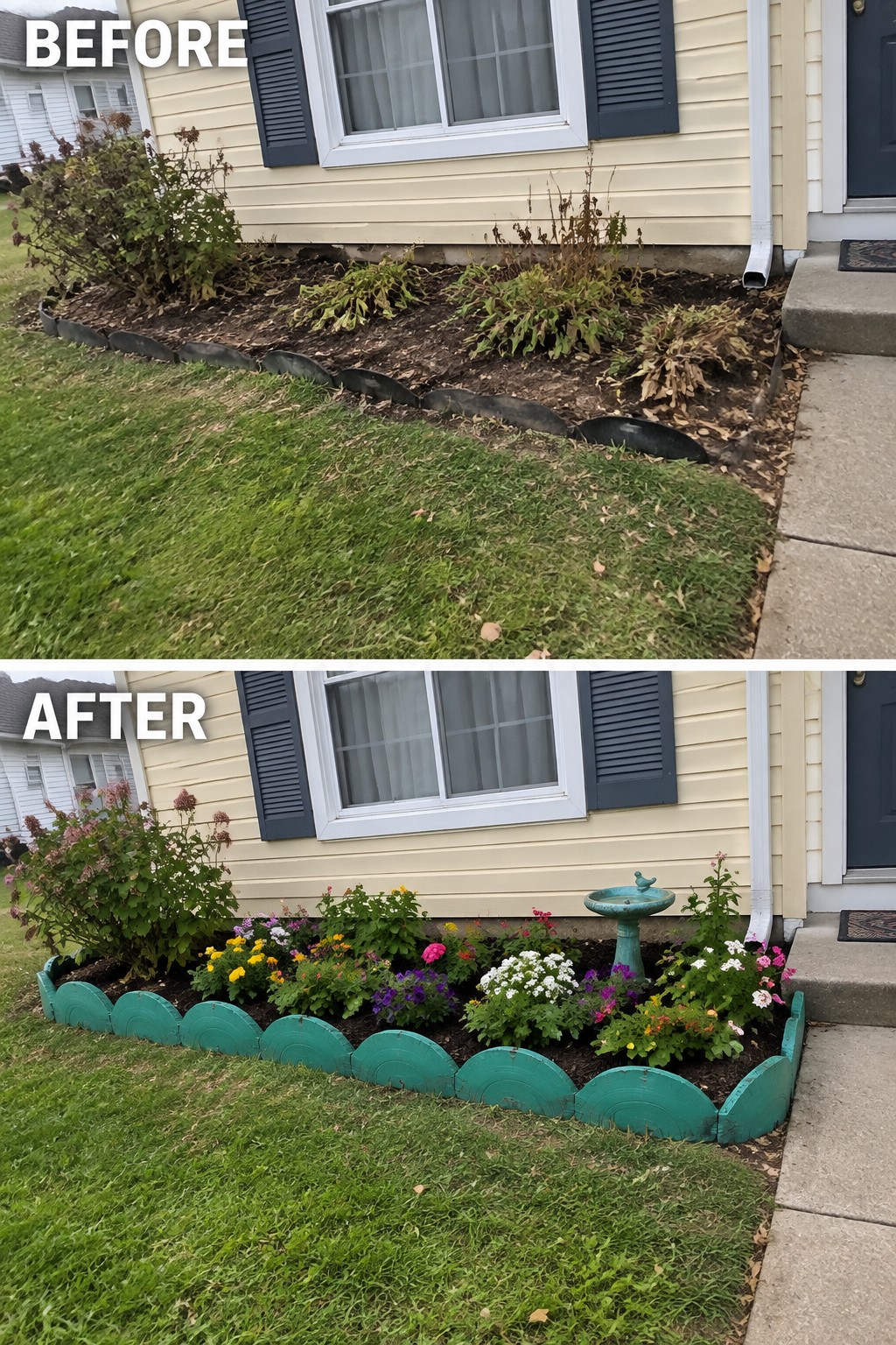 Before-and-after image of an overgrown garden bed along a house exterior changed into a neat flower bed with colorful plants and a green scalloped border.
