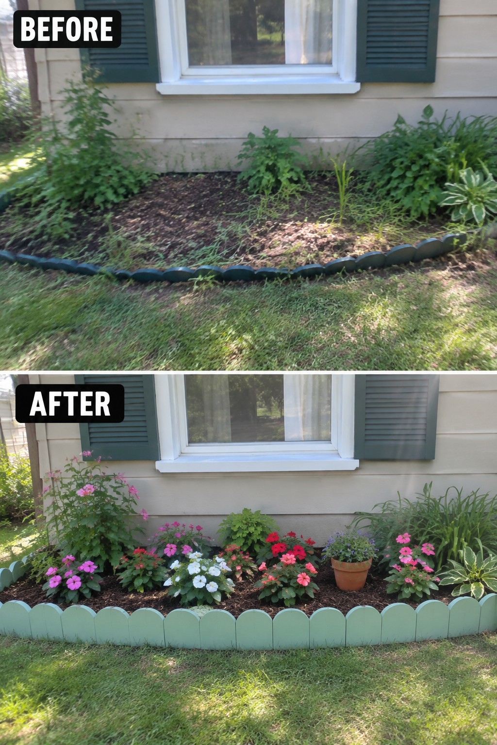 Before-and-after image of an overgrown garden bed along a house wall changed into a neat flower bed with colorful plants, mulch, and a scalloped border.