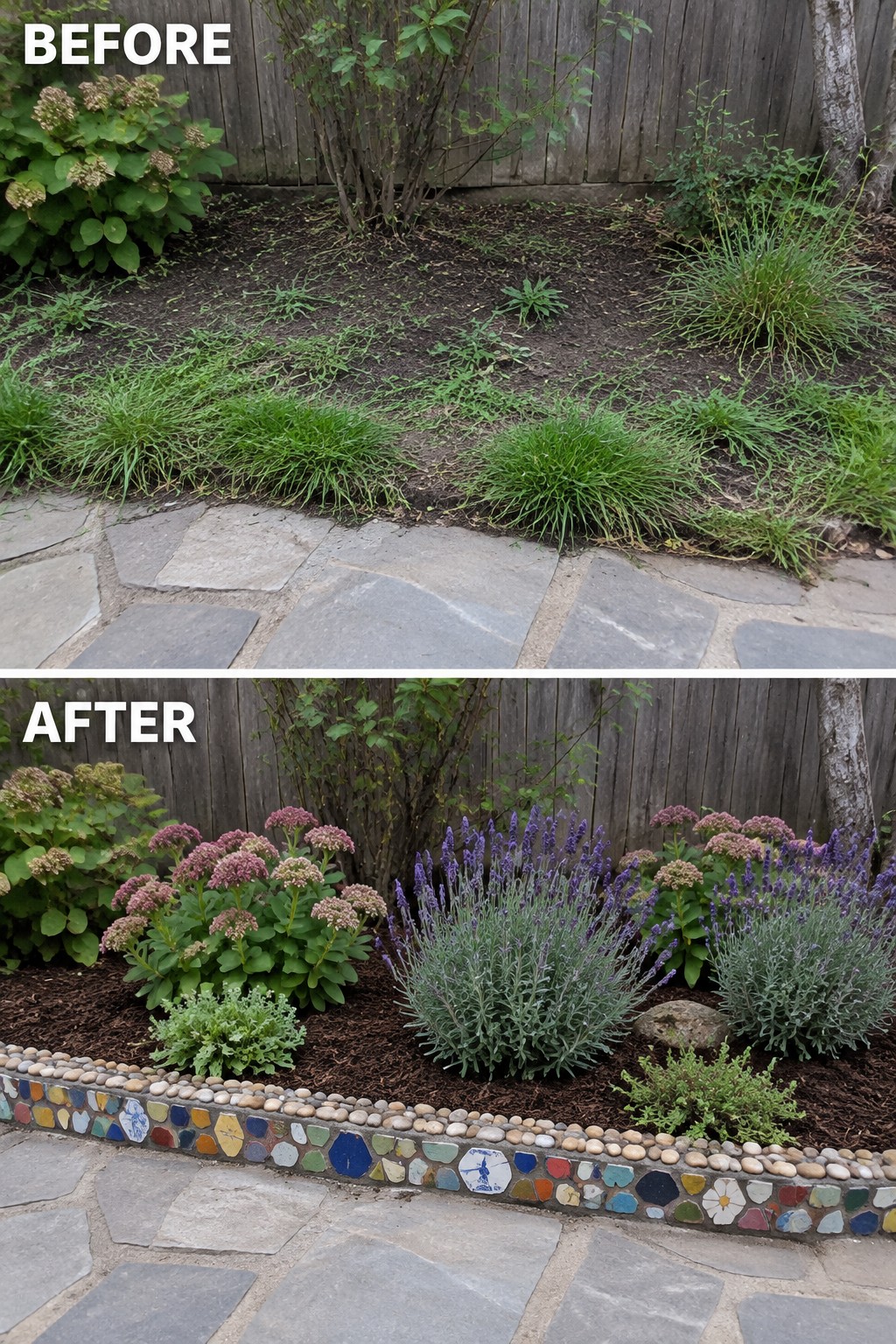 Before-and-after image of a weedy garden edge turned into neat flower beds edged with colorful stones and filled with mulch and plants.