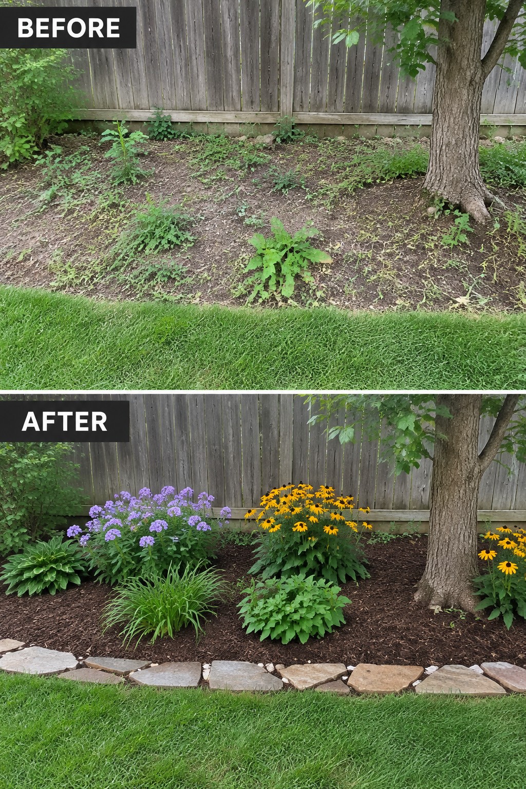 Before-and-after image of an overgrown dirt strip along a fence turned into defined flower beds edged with flat stones, filled with mulch and grouped plants.