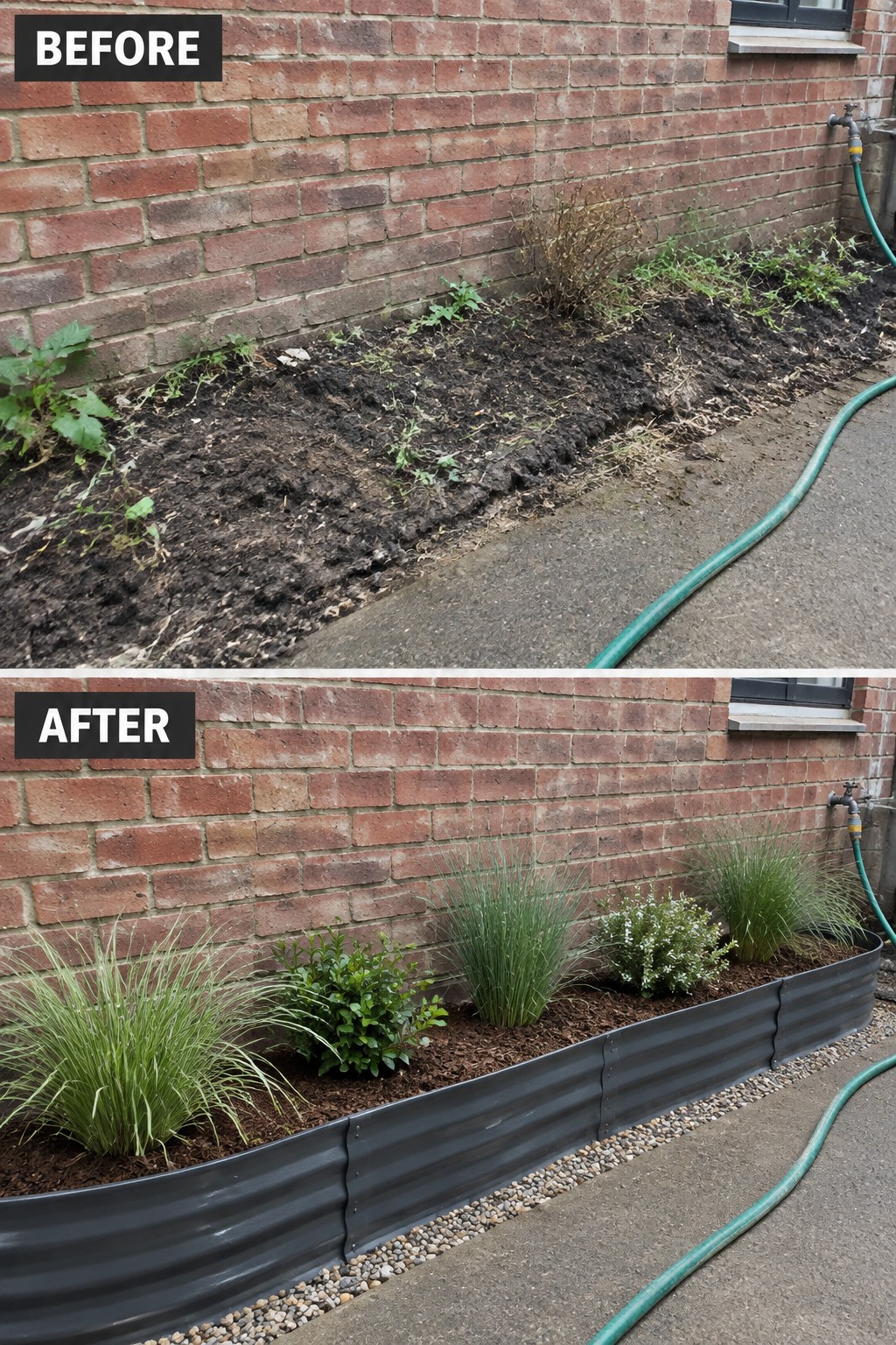 Before-and-after image of an overgrown dirt strip along a brick wall changed into a neat garden bed with metal edging, mulch, and arranged plants.