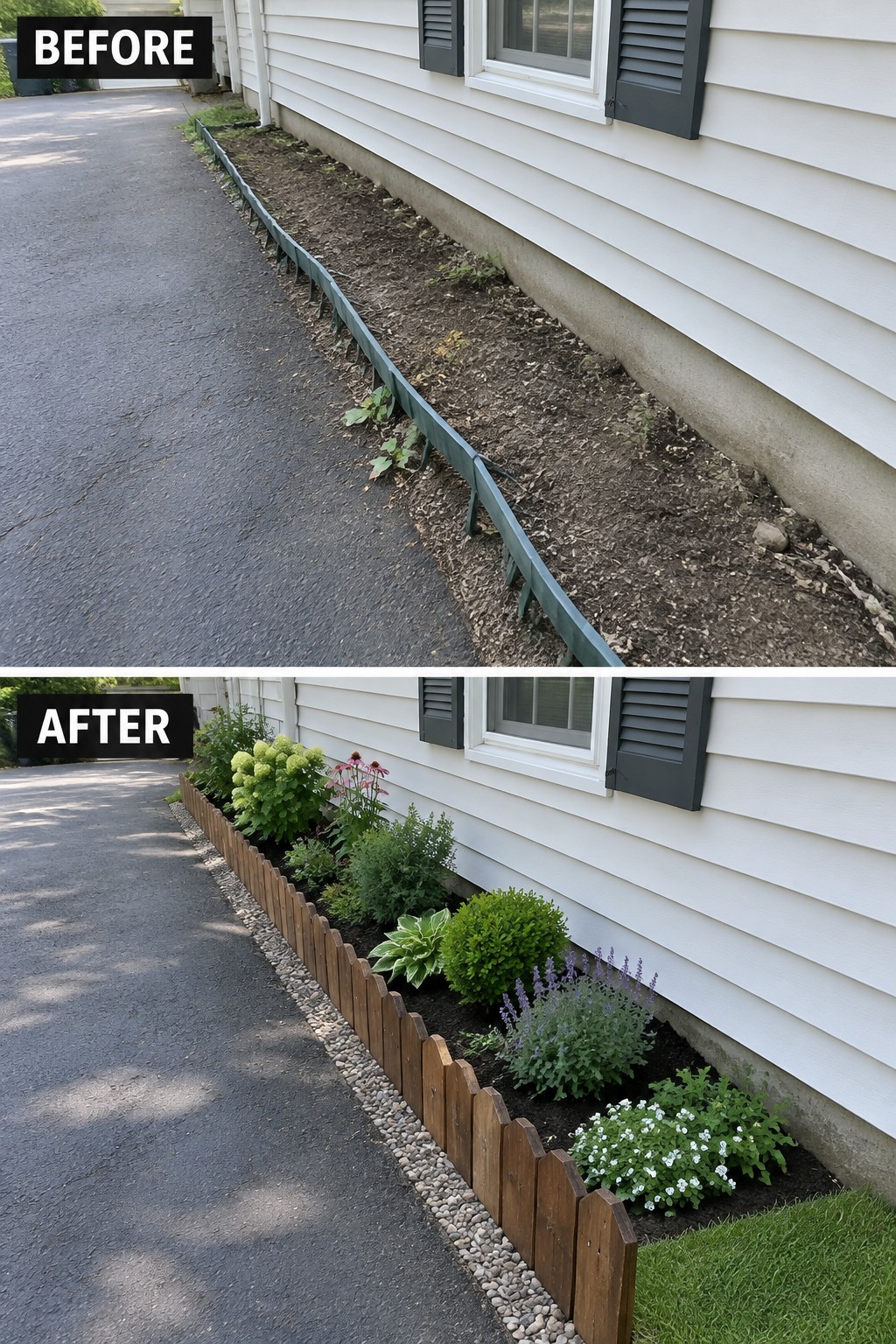 Before and after of a garden bed beside a house, from bare dirt to landscaped with fence and plants.