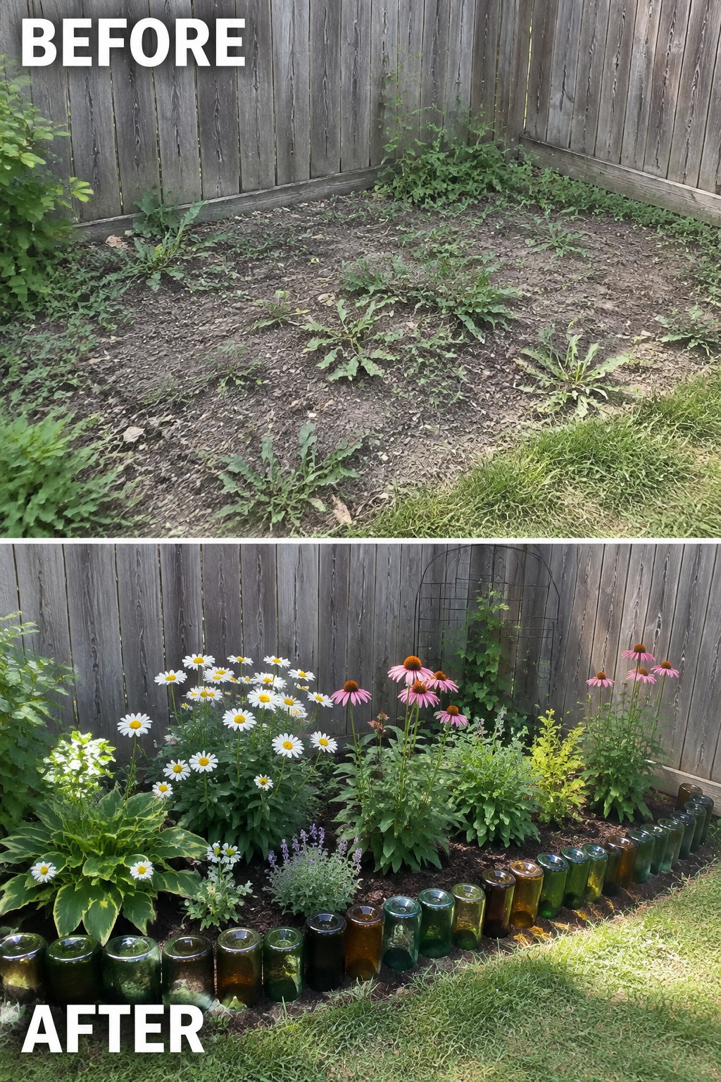 Before-and-after image of an overgrown dirt area changed into a planted flower bed bordered with recycled glass bottles.