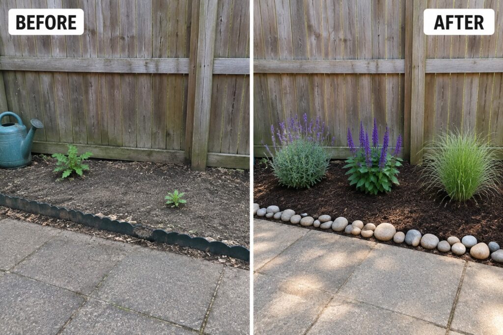 Before-and-after image of a bare garden bed along a wooden fence updated with a river rock border, mulch, and grouped flowering plants.