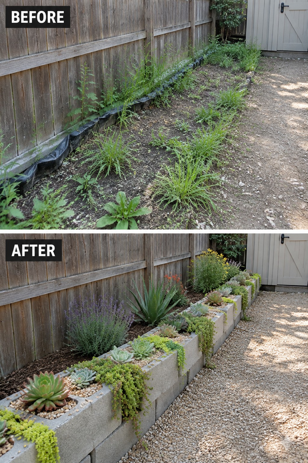 Before-and-after garden bed: weeds cleared for succulents in concrete blocks along fence.