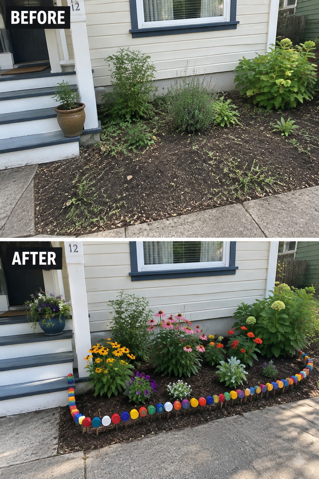 Before-and-after image of a bare garden bed beside a house changed into a defined flower bed edged with colorful recycled bottles and new plantings.
