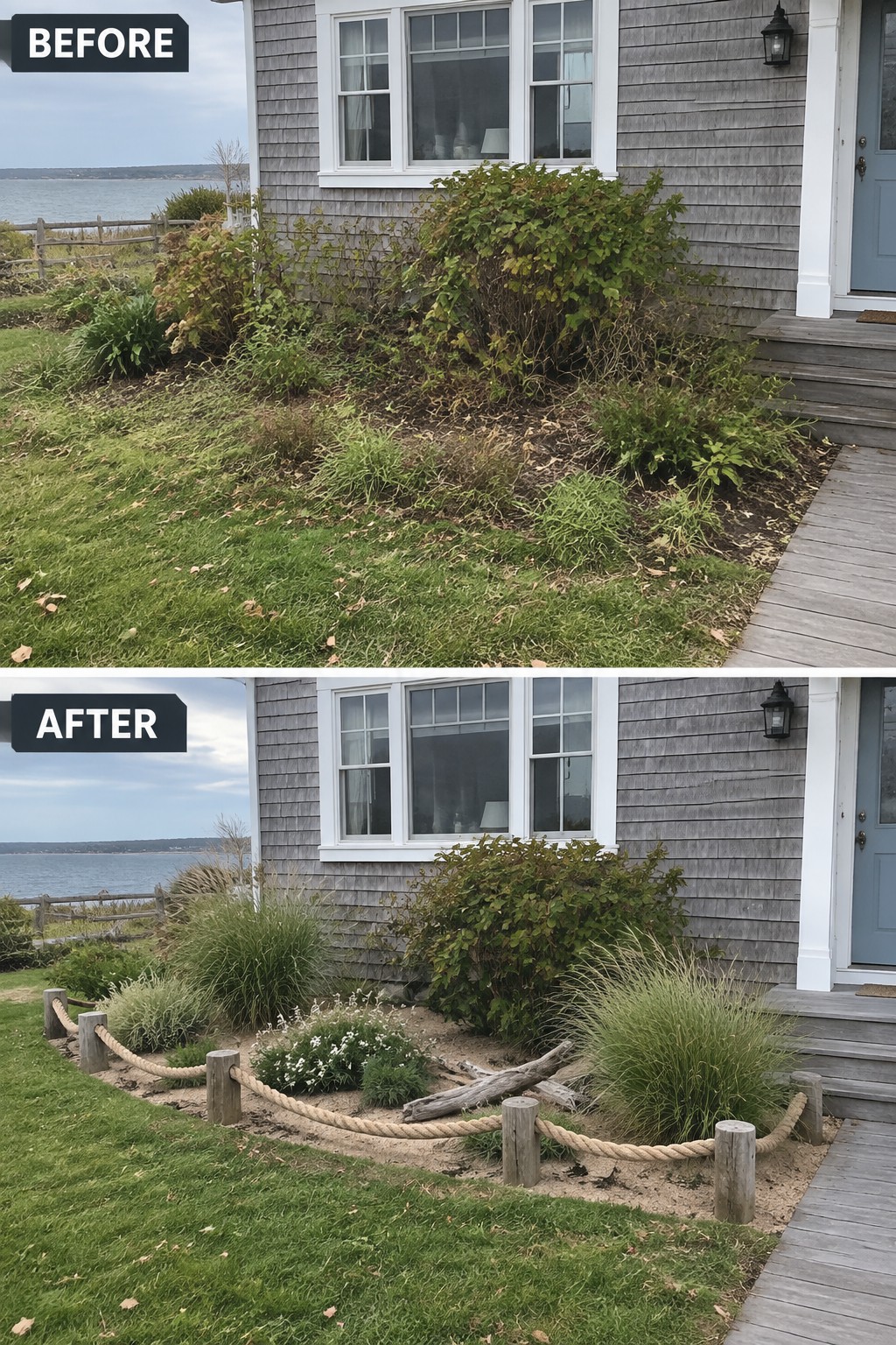 Before and after view of landscaped garden bed by gray coastal house