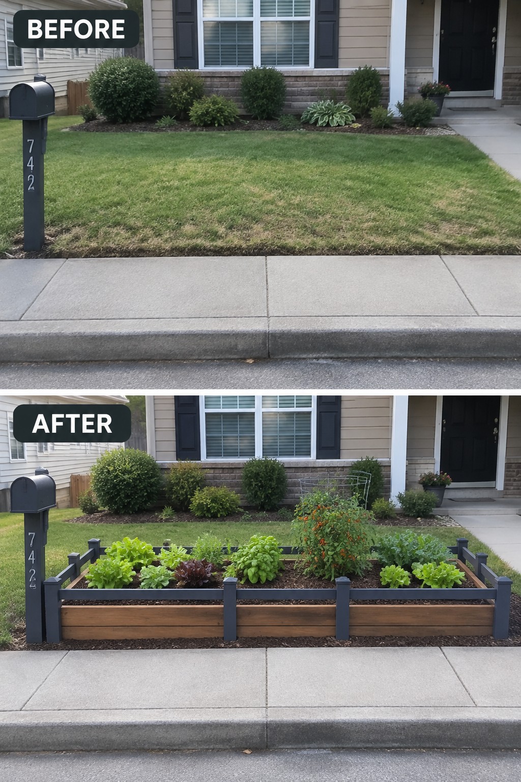 Before-and-after image of a front yard where a plain lawn strip was replaced by a raised garden bed with wood sides and vegetable plants.