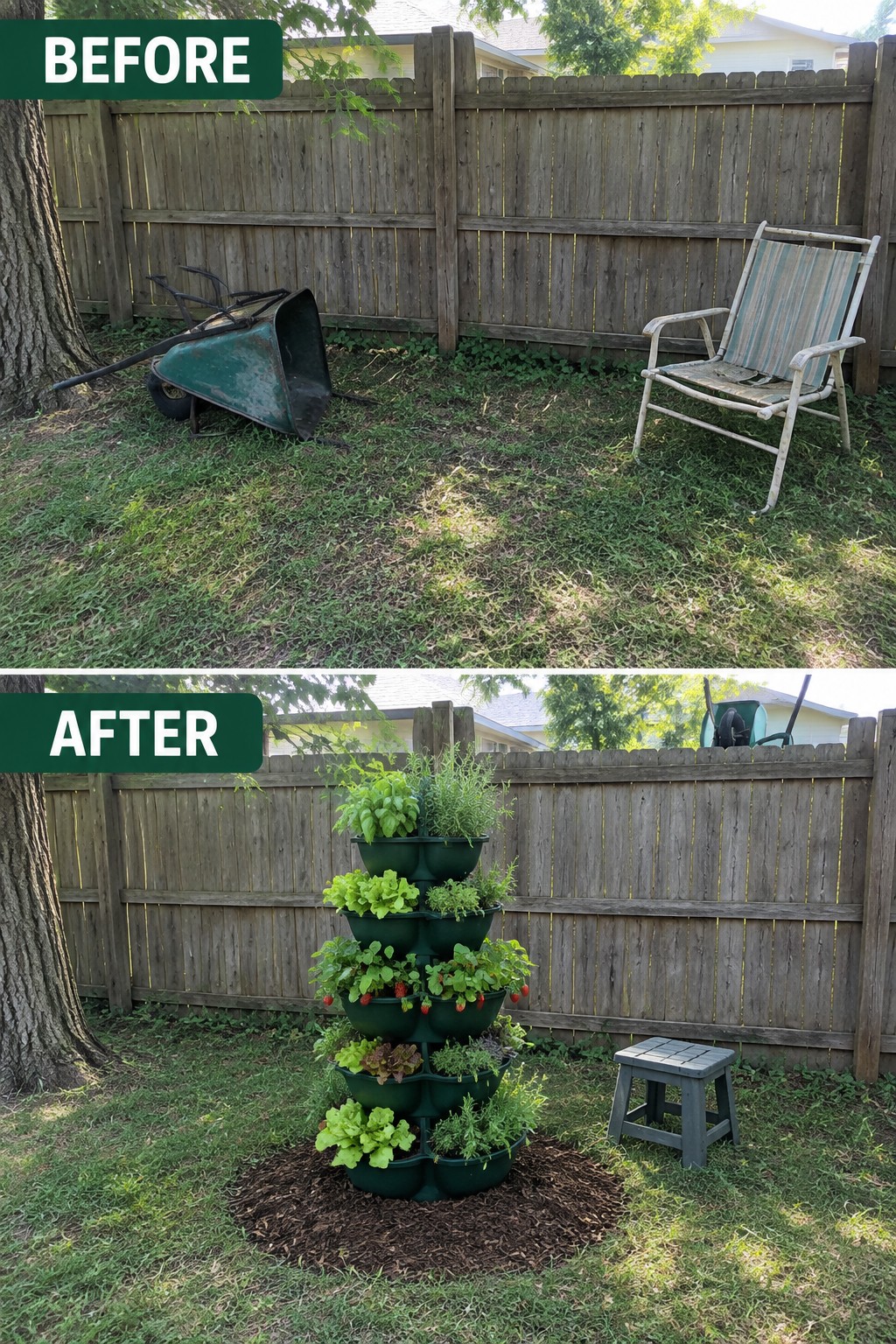 Backyard before messy with wheelbarrow and chair, after with vertical garden planter and stool.