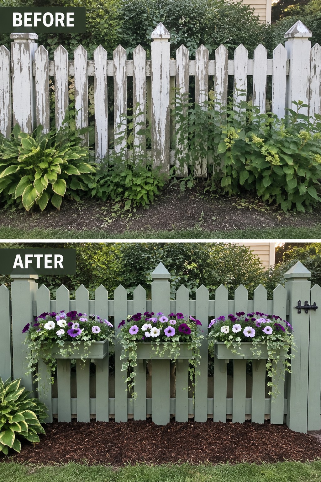 Before-and-after view of weathered white fence repainted green with added flower boxes.