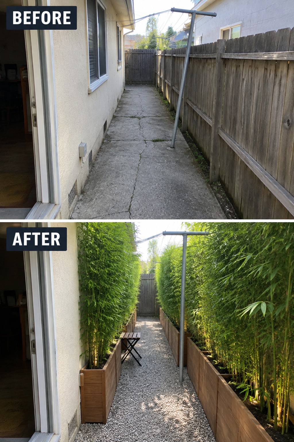 Before-and-after image of a cracked concrete side walkway changed into a gravel path lined with tall bamboo in wooden raised planters.
