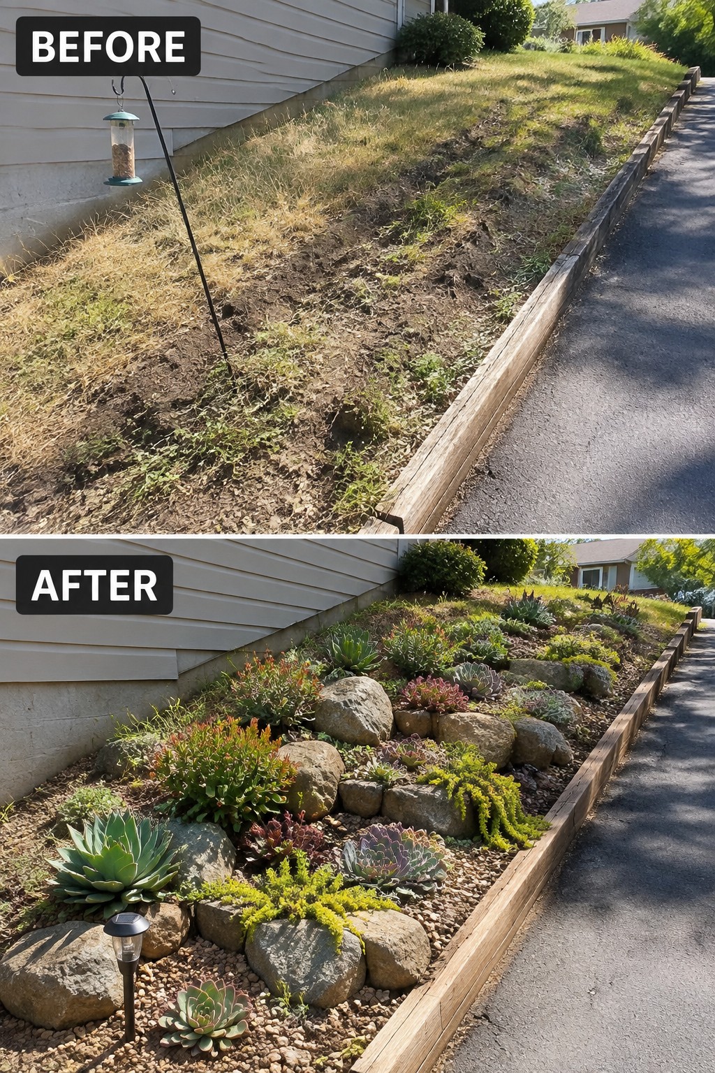 Before-and-after image of a weedy slope transformed into a rock-edged garden bed filled with gravel and succulents.