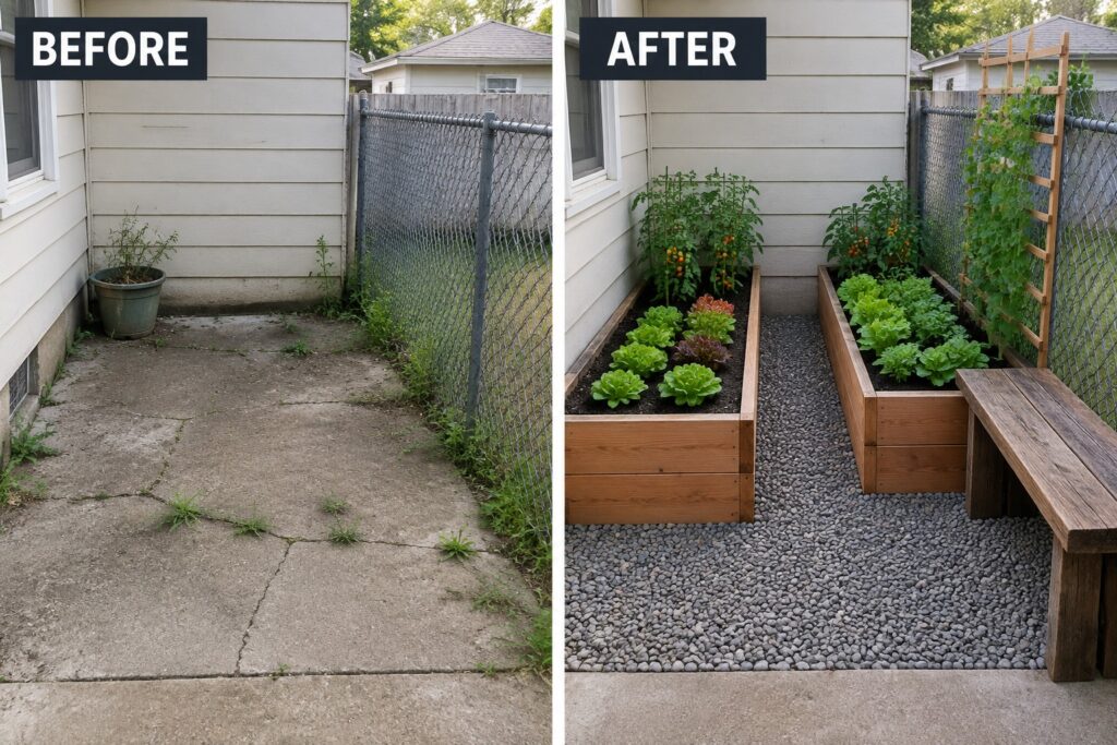 22 DIY Garden Transformation Ideas Designed for Small Weekend Builds Before-and-after image of a bare concrete corner changed into a garden area with two raised wooden beds, vegetable plants, gravel ground cover, and a trellis.