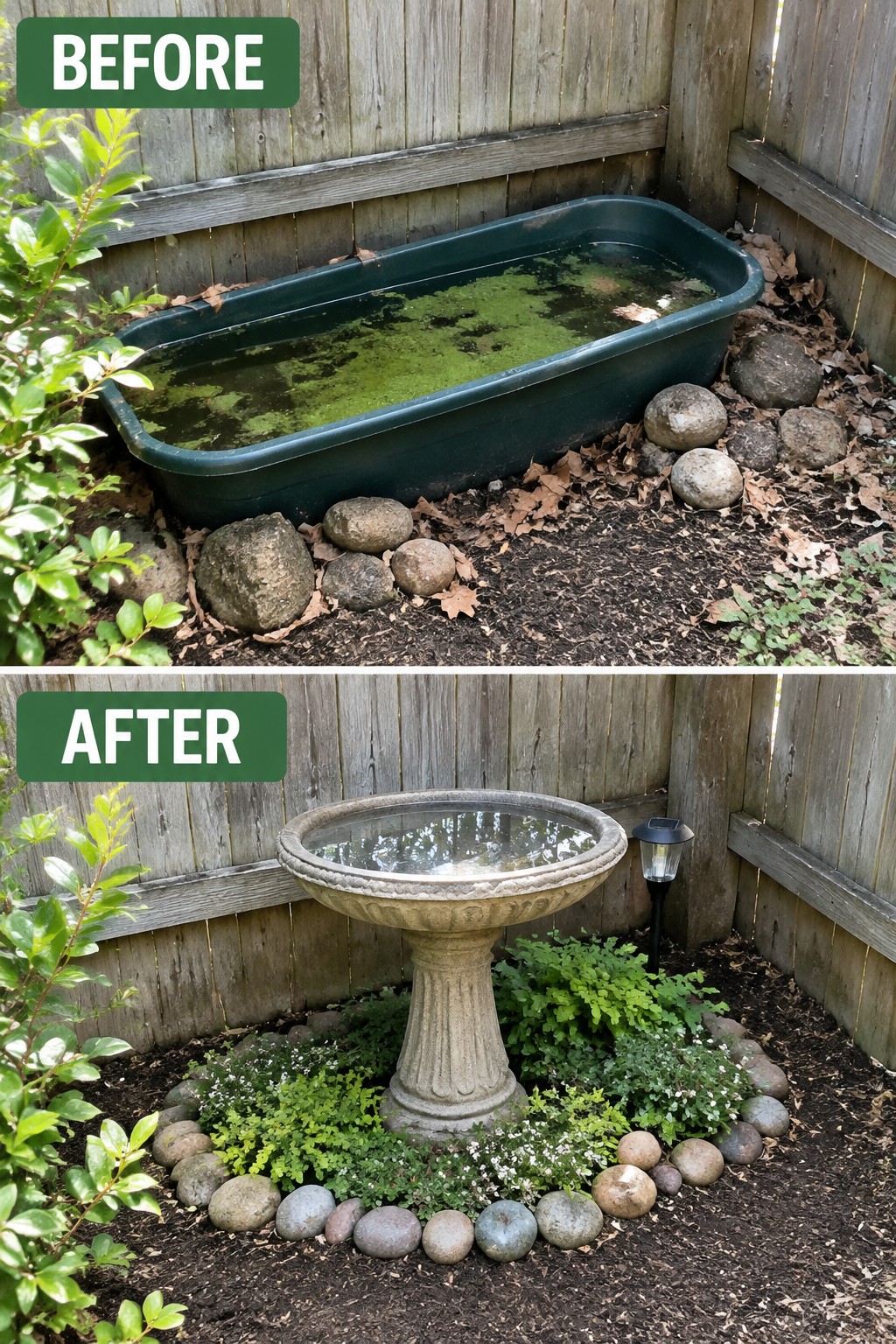 Before and after of algae-filled tub replaced by stone birdbath with plants.