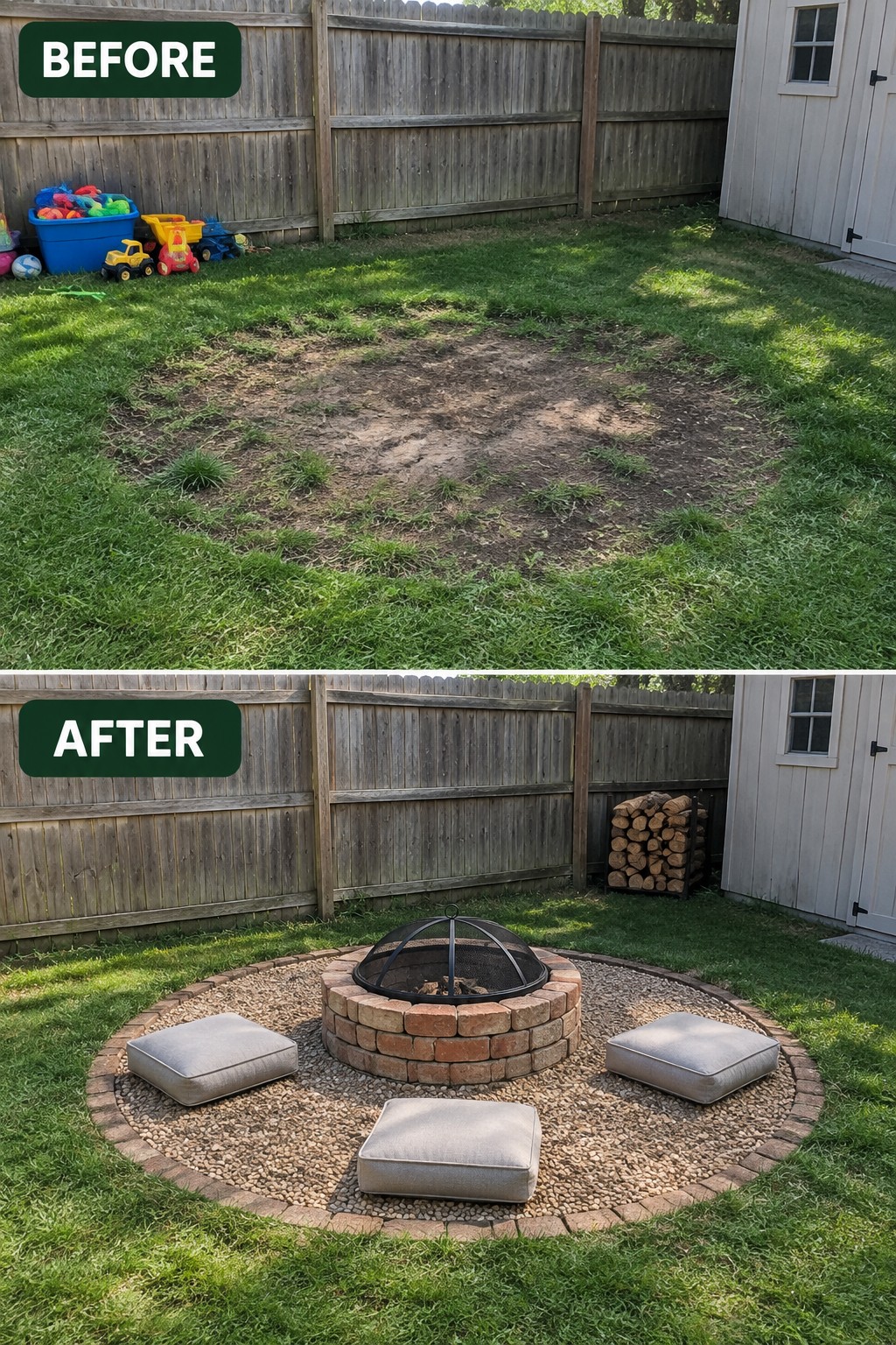 Before and after backyard with brick fire pit, gravel, and gray cushions