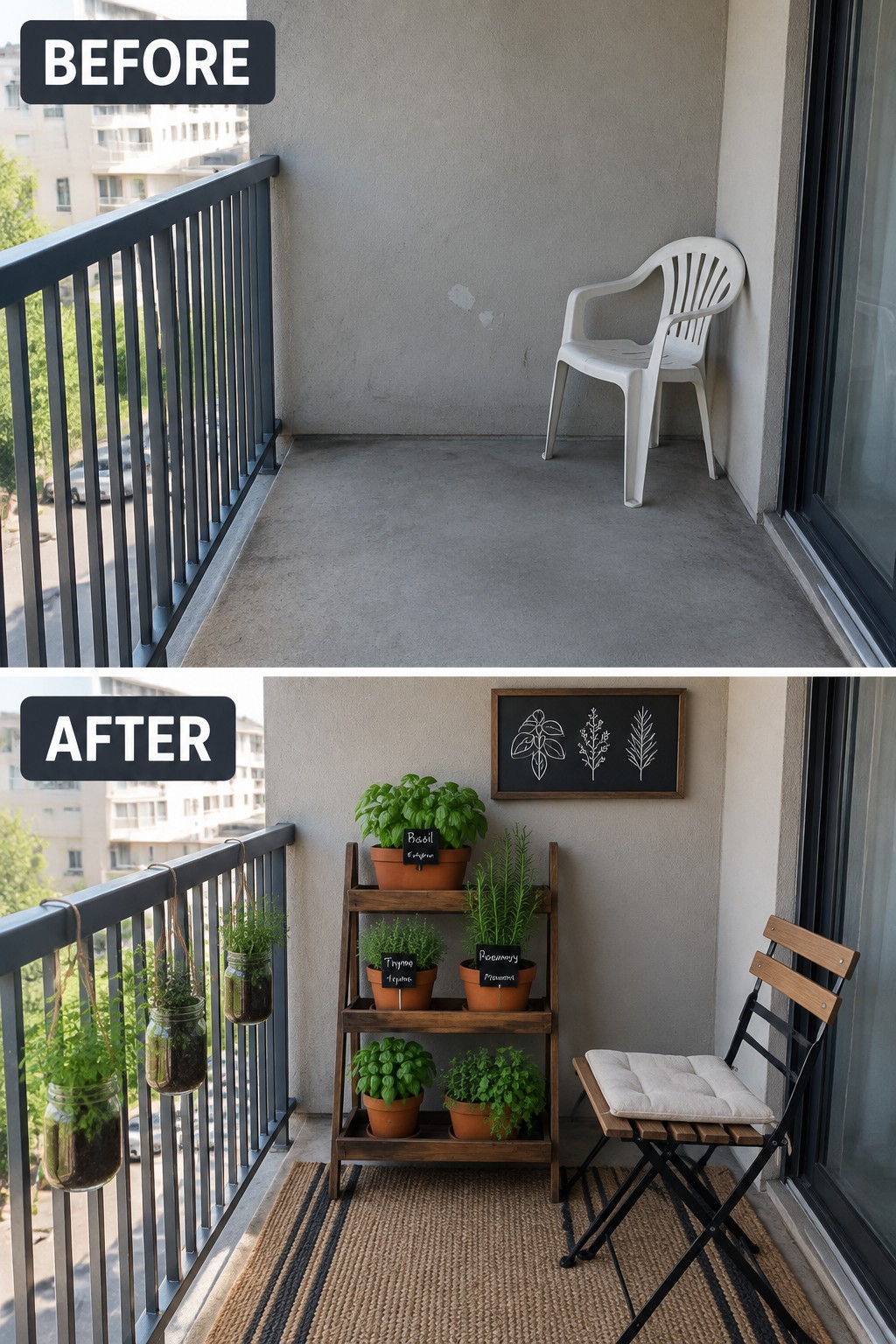 Before-and-after image of a bare balcony updated with a wooden plant stand, hanging jar planters, a striped rug, and a folding chair with cushion.