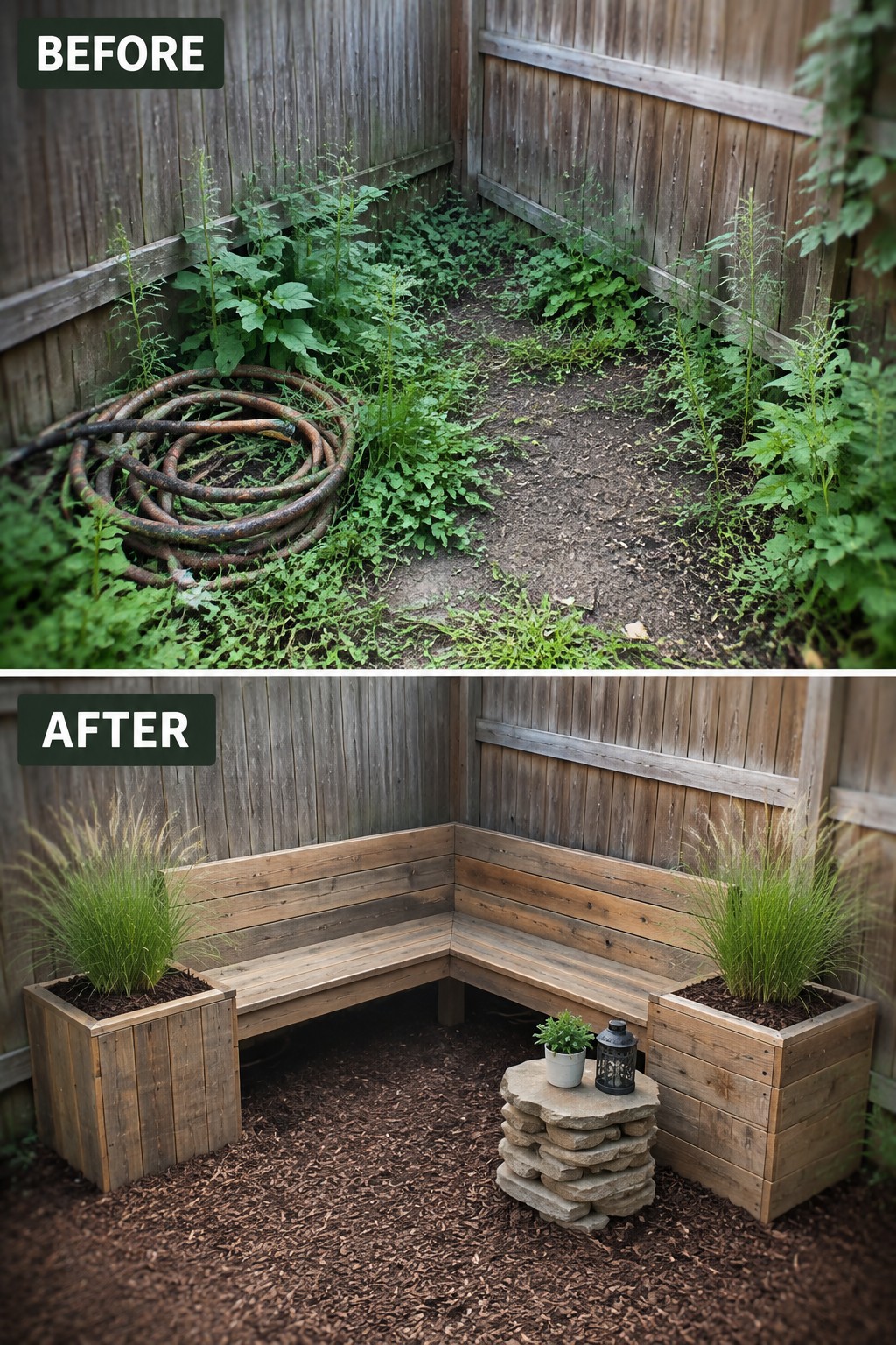 Before and after of overgrown yard transformed into wooden bench with planters.