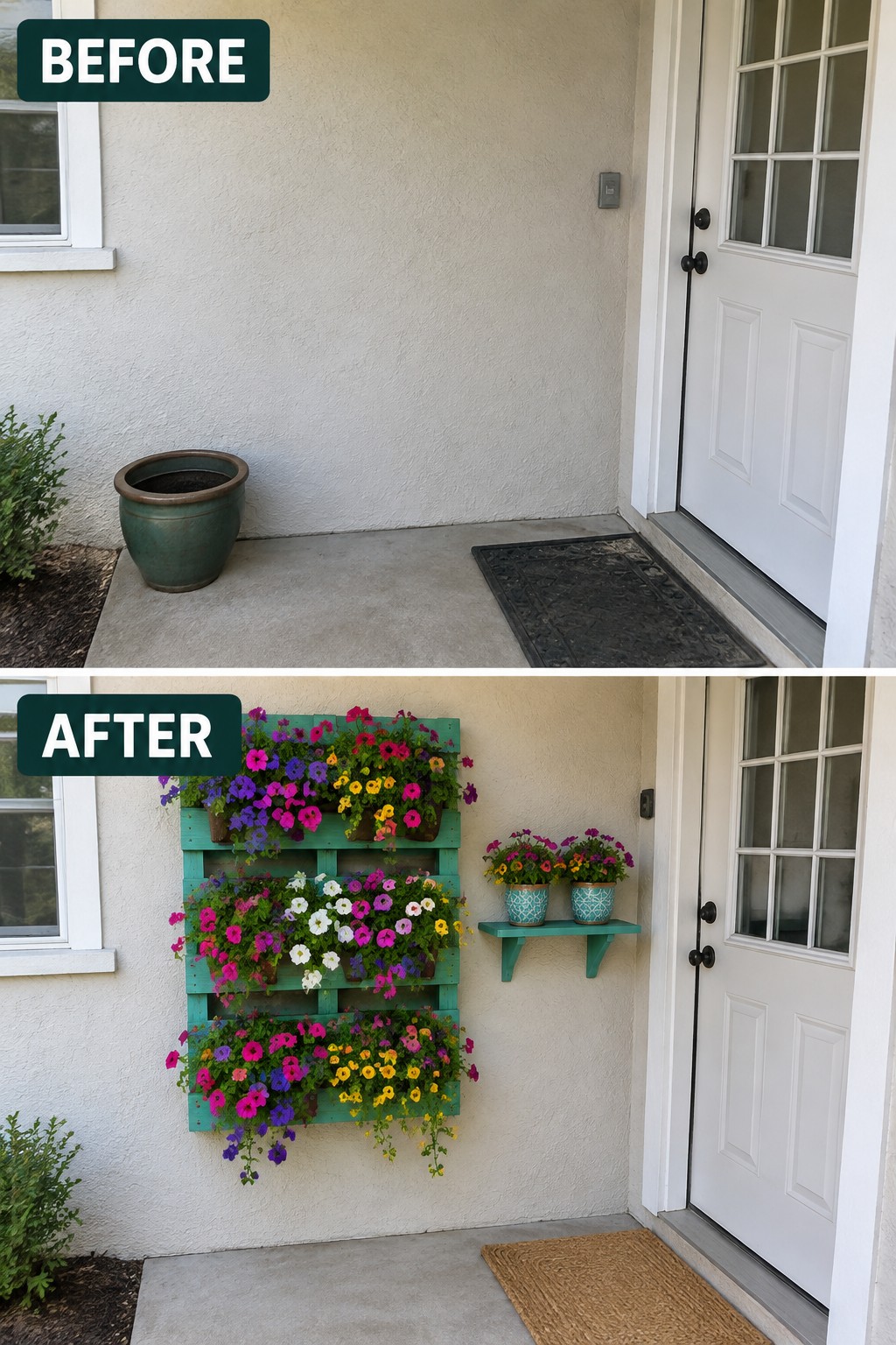 Before-and-after image of a plain house entry updated with a large vertical pallet planter full of flowers and a small shelf with pots.