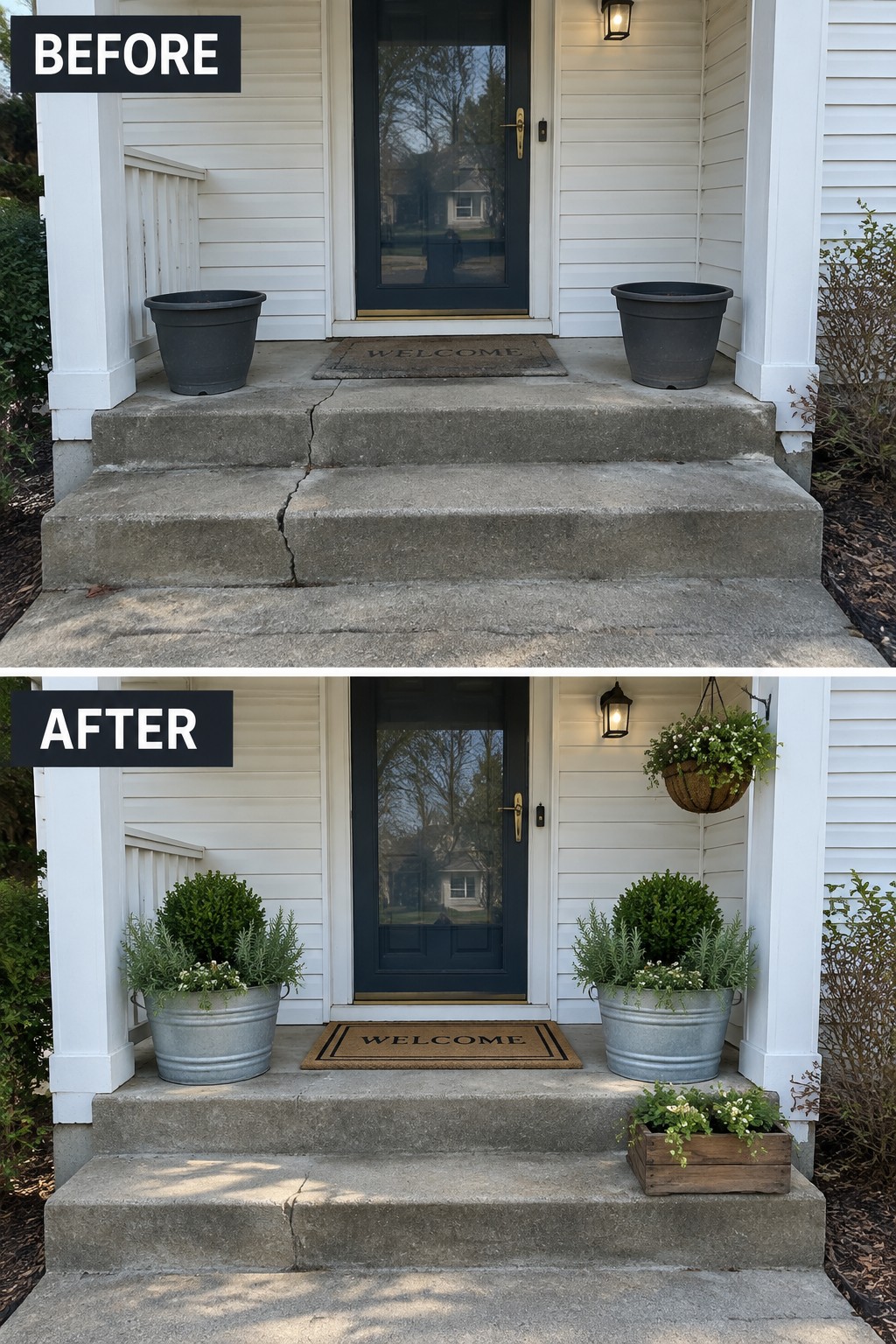 Before and after of front porch steps with potted plants and hanging basket.