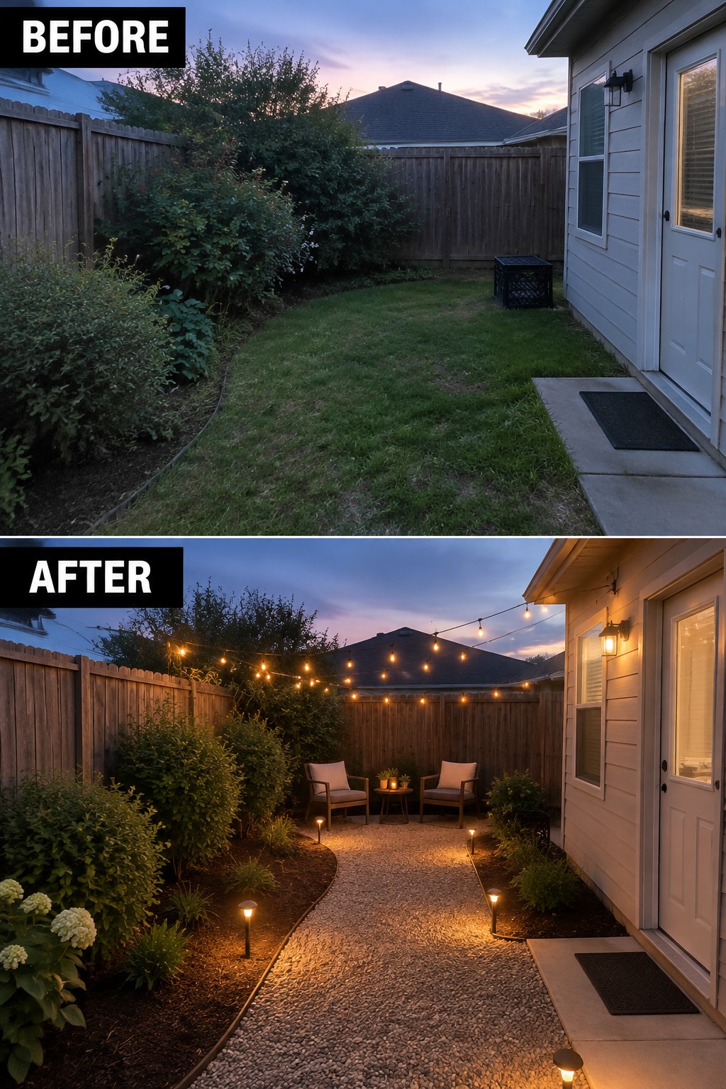 Before and after backyard transformation with string lights, gravel path, and chairs.