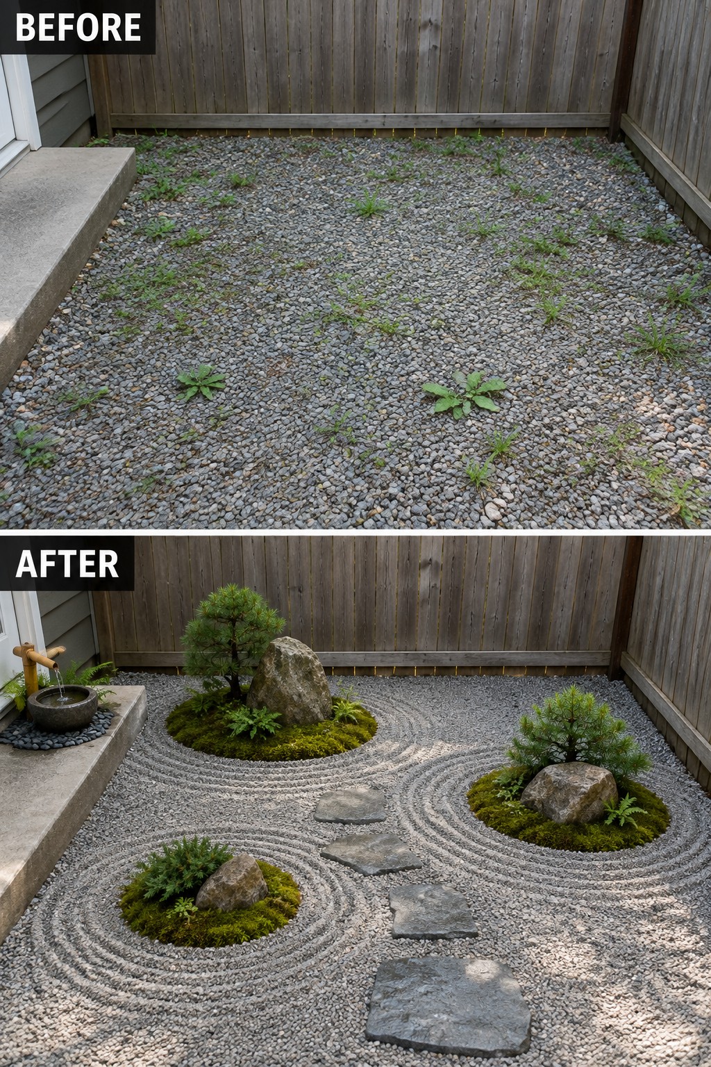 Before weedy gravel yard and after serene Japanese zen garden with raked gravel and plants