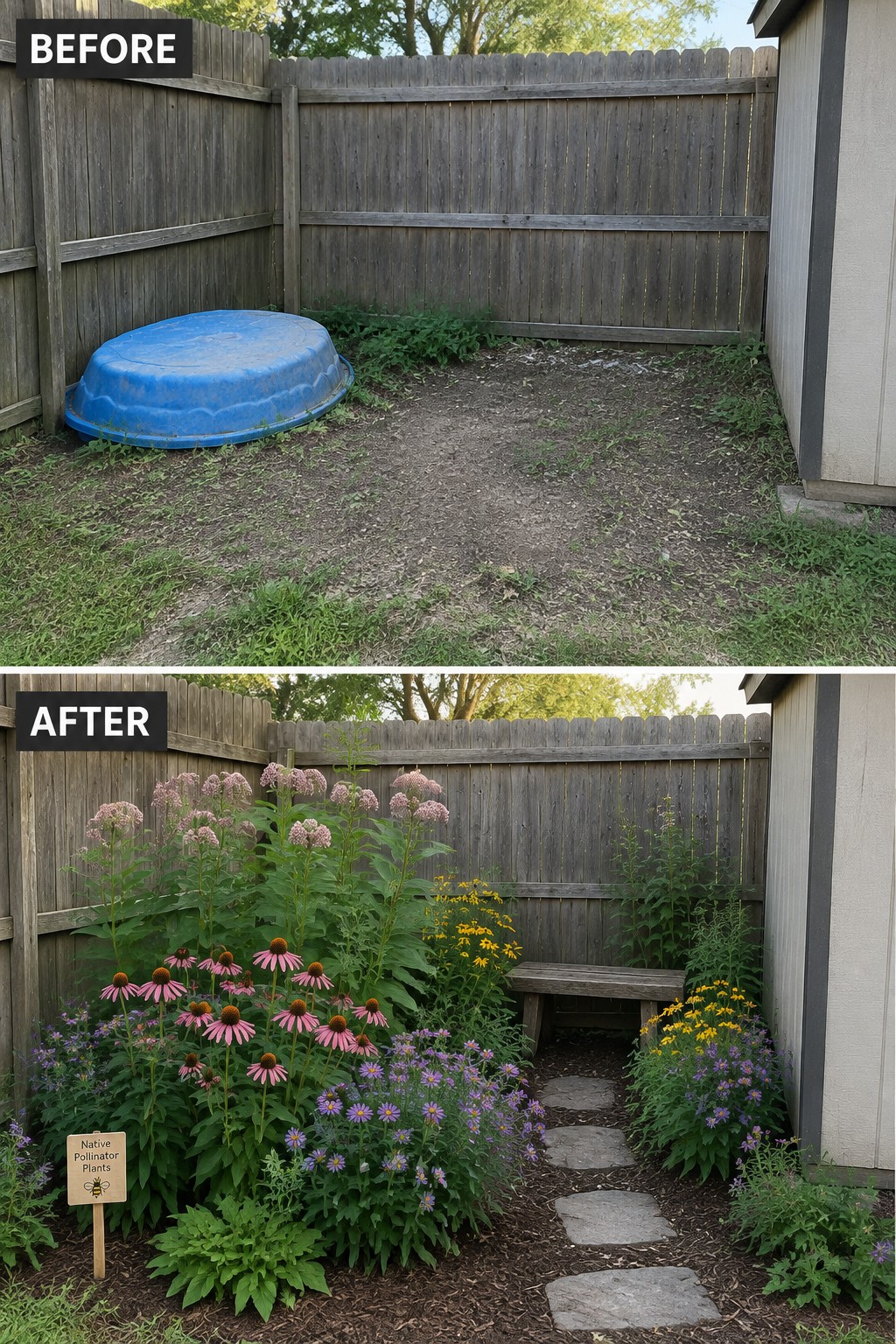 Before-and-after backyard with blue pool transformed into colorful flower garden with bench and path