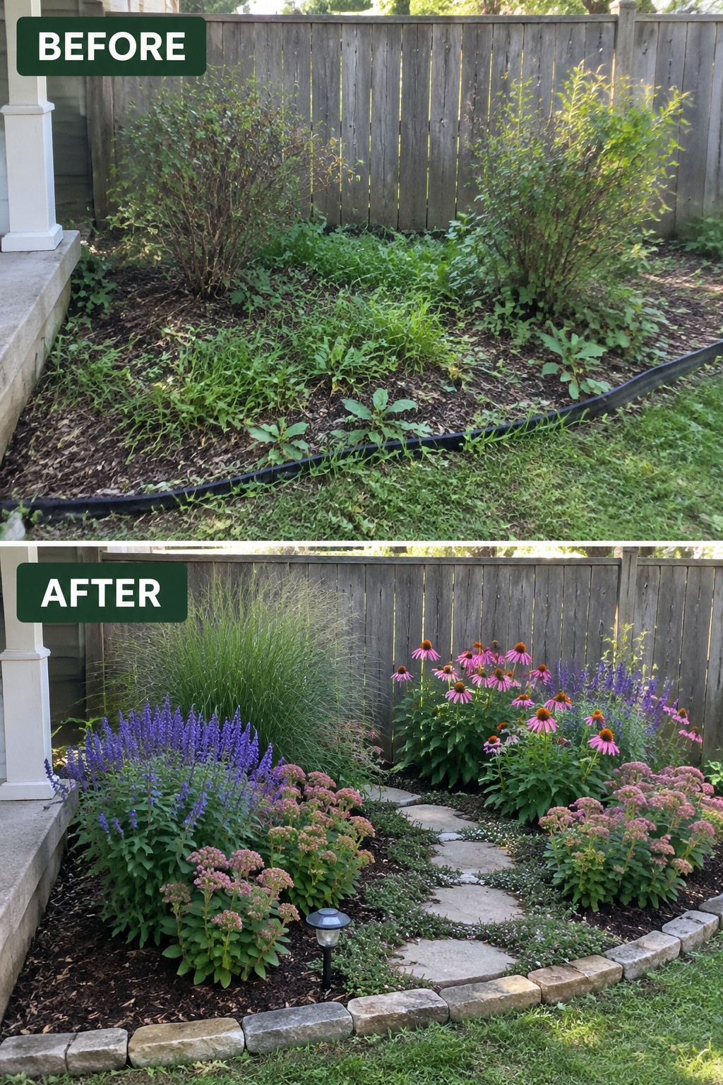 Before and after backyard garden makeover from weeds to blooming flowers and stone path