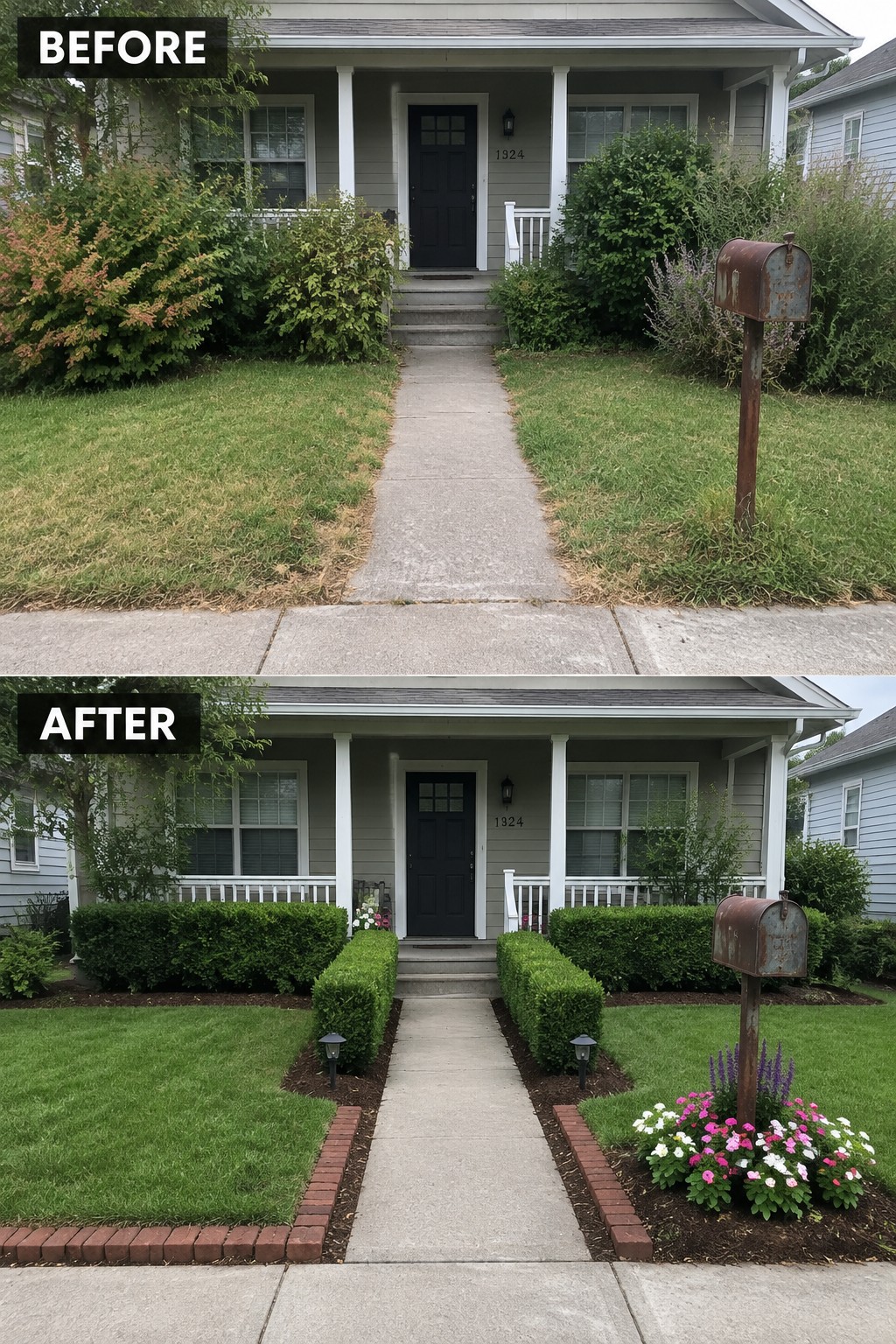 Before and after views of house front yard with trimmed hedges and new flowers
