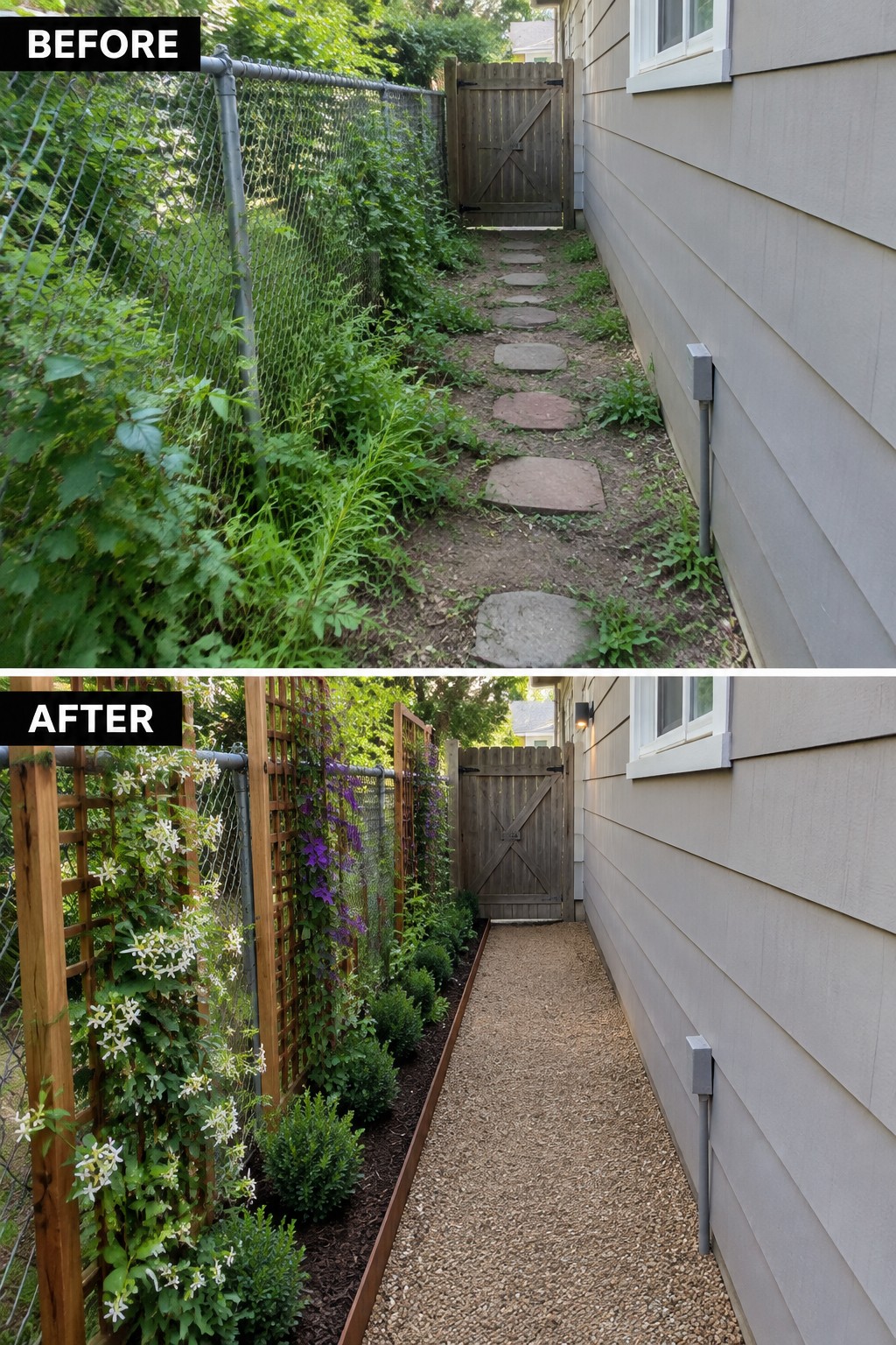 Before-after split of overgrown dirt path transformed into gravel walkway with trellis and flowers.